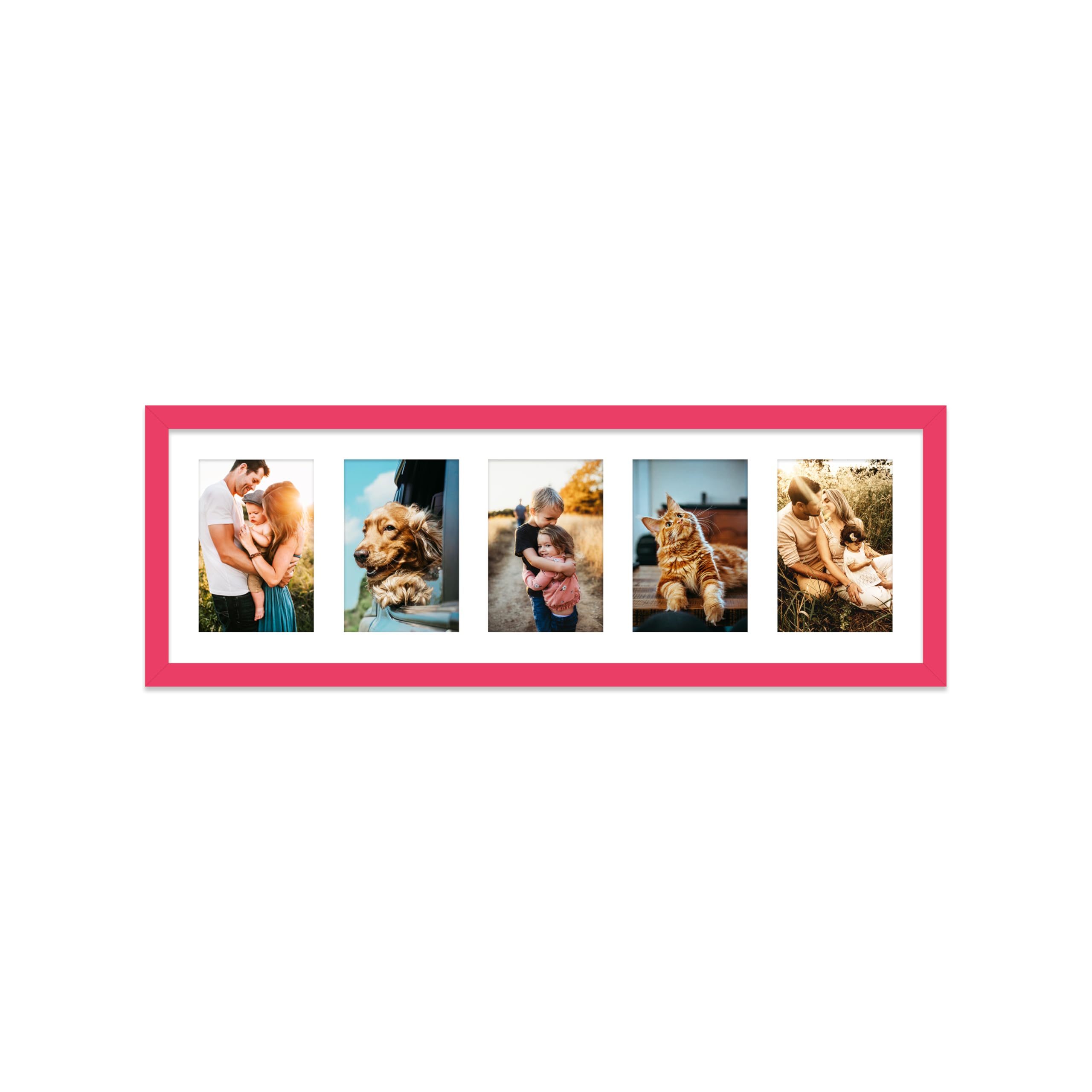 Bright Pink Multi Photo Frame - Holds 5 x 6x4 Pictures, Family Collage Picture Frame for Wall Display, 8x26 Panoramic Frame Size, Pack of 1