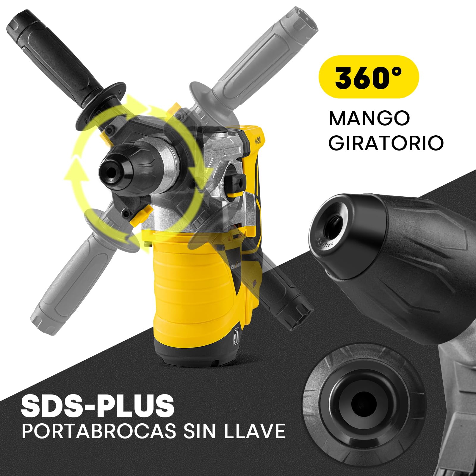 Enventor Martillo Perforador, 1500W Martillo Demoledor, Martillo Percutor con SDS-Plus Mandril, 4500BPM, 6J, 850RPM, 4 Funciones, Control de Vibración, para Concreto, Metal y Madera
