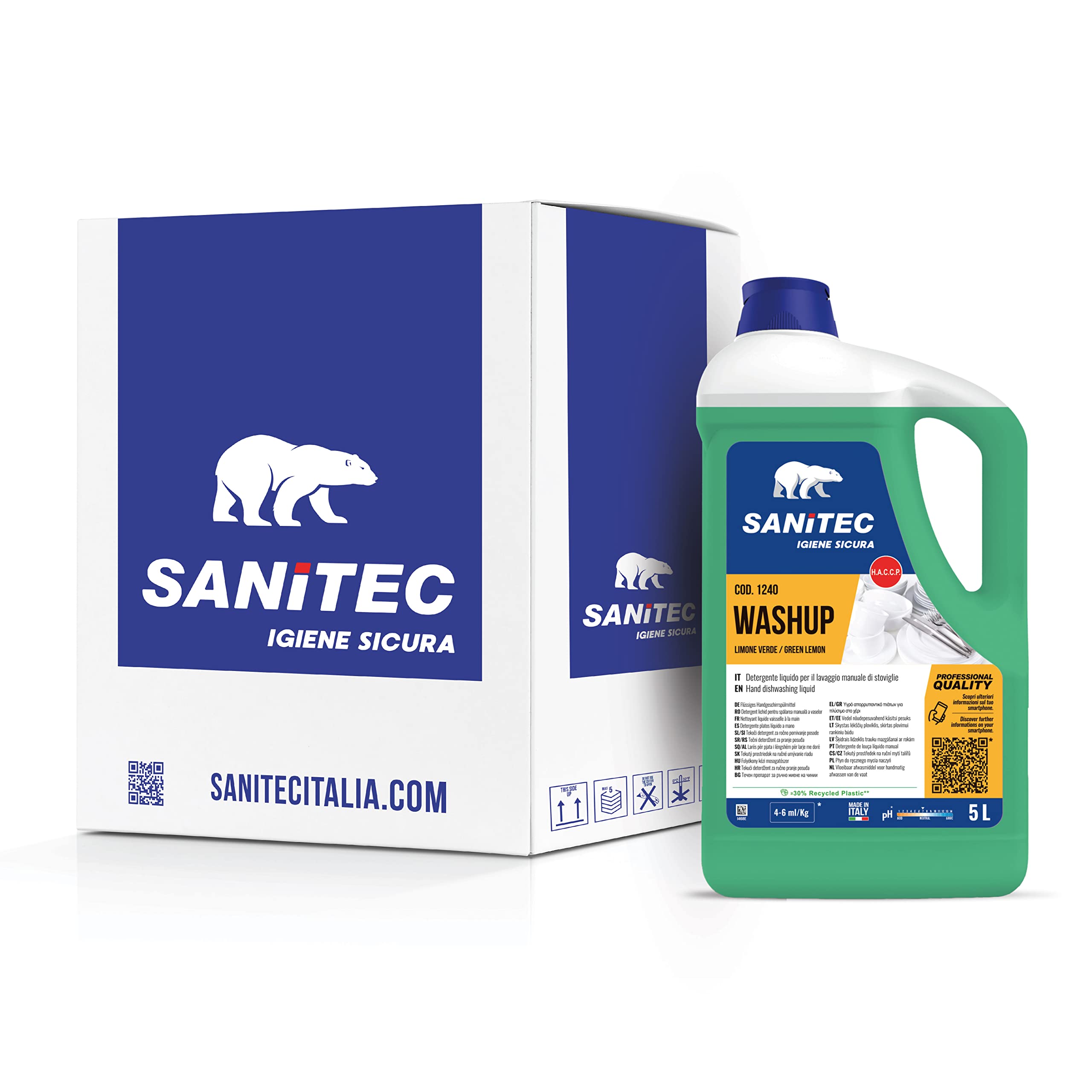 Sanitec, Washup Limone Verde, Detergente Liquido per il Lavaggio Manuale delle Stoviglie, Sgrassa a Fondo e Rilascia una Fresca Profumazione che Elimina i Cattivi Odori, Made in Italy, 2 Taniche da 5L