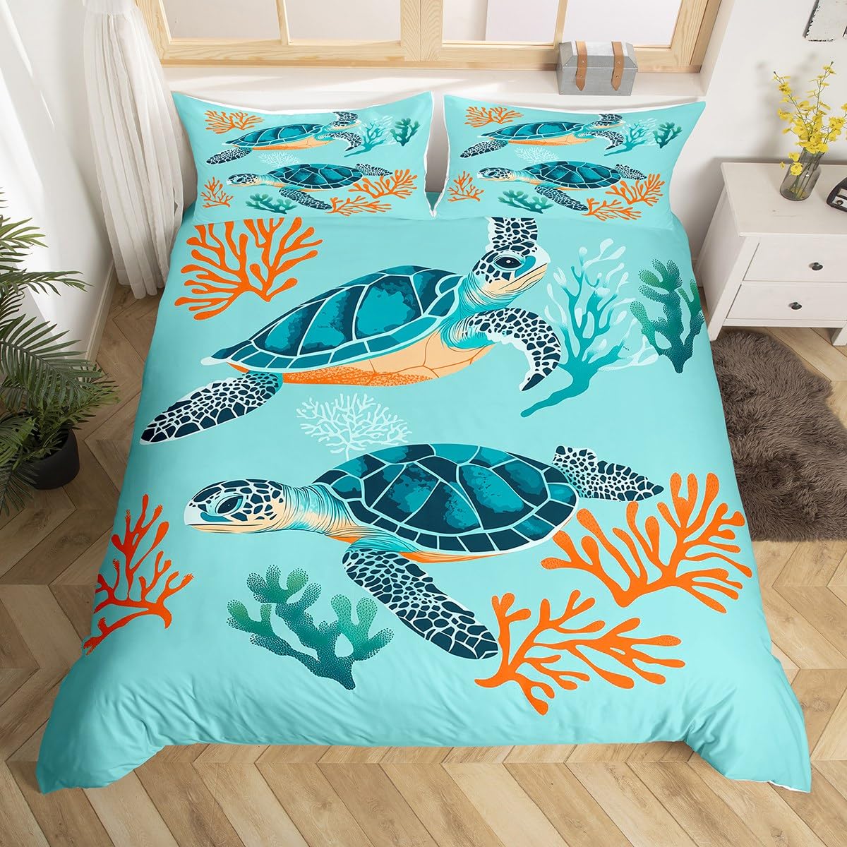 Manfei Cartoon Sea Turtle Duvet Cover Queen for Kids Boys Girls Teens,Blue Sea Ocean 3 Pieces Duvet Cover,Underwater Seaweed Coral Comforter Cover (Not Comforter),Coastal Farmhouse Style Quilt Cover