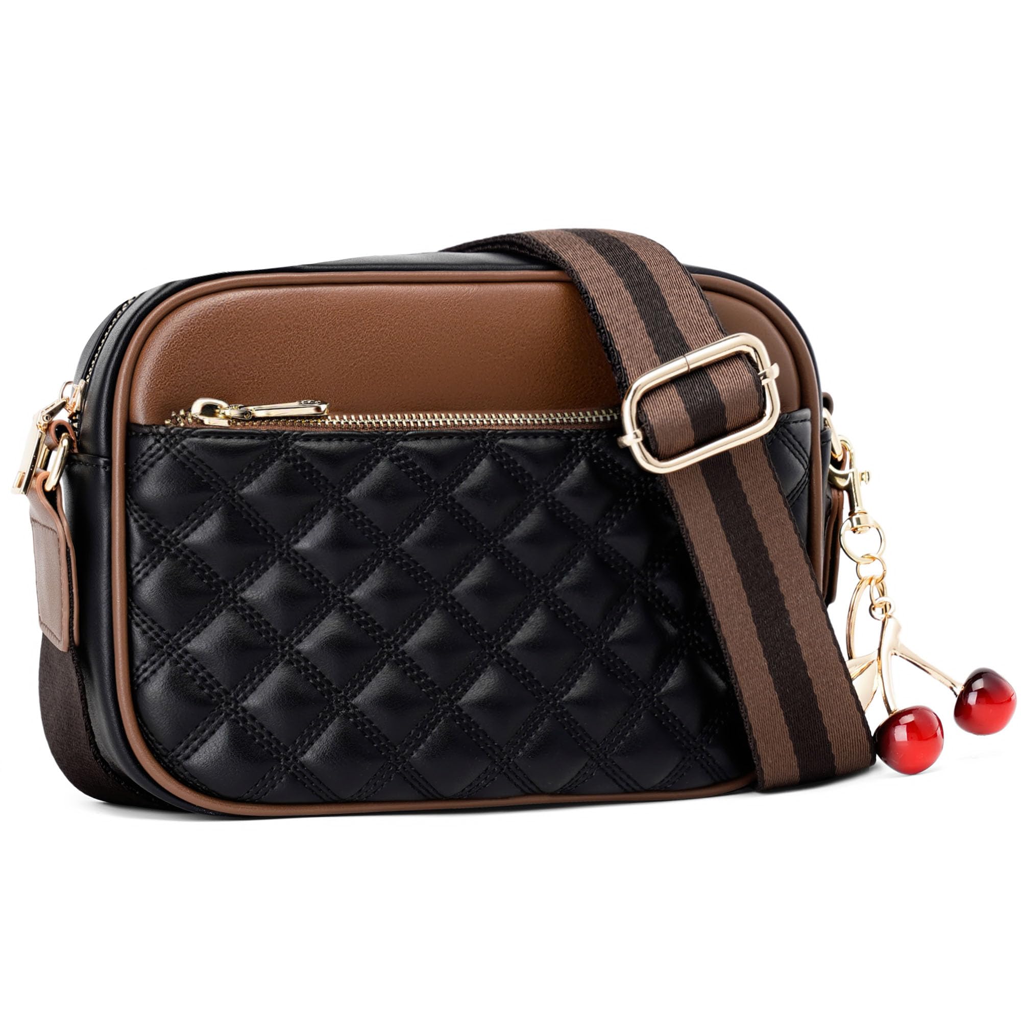 Quilted Crossbody Bags for Women PU Leather Crossbody Purses Small Shoulder Handbags with Guitar Wide Strap