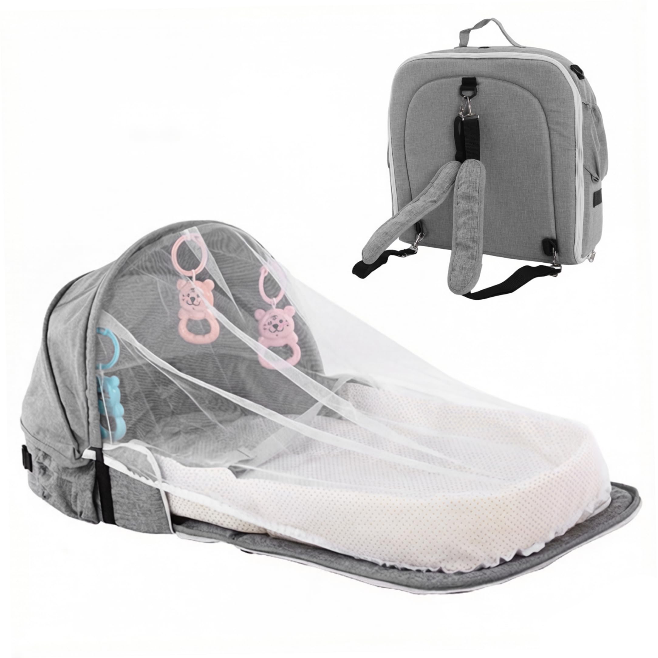 Culla da letto per neonati, Culla da viaggio, Portatile pieghevole per neonati da viaggio - Stile zaino grigio con rete, parasole e portagiochi staccabile, lettino per dormire