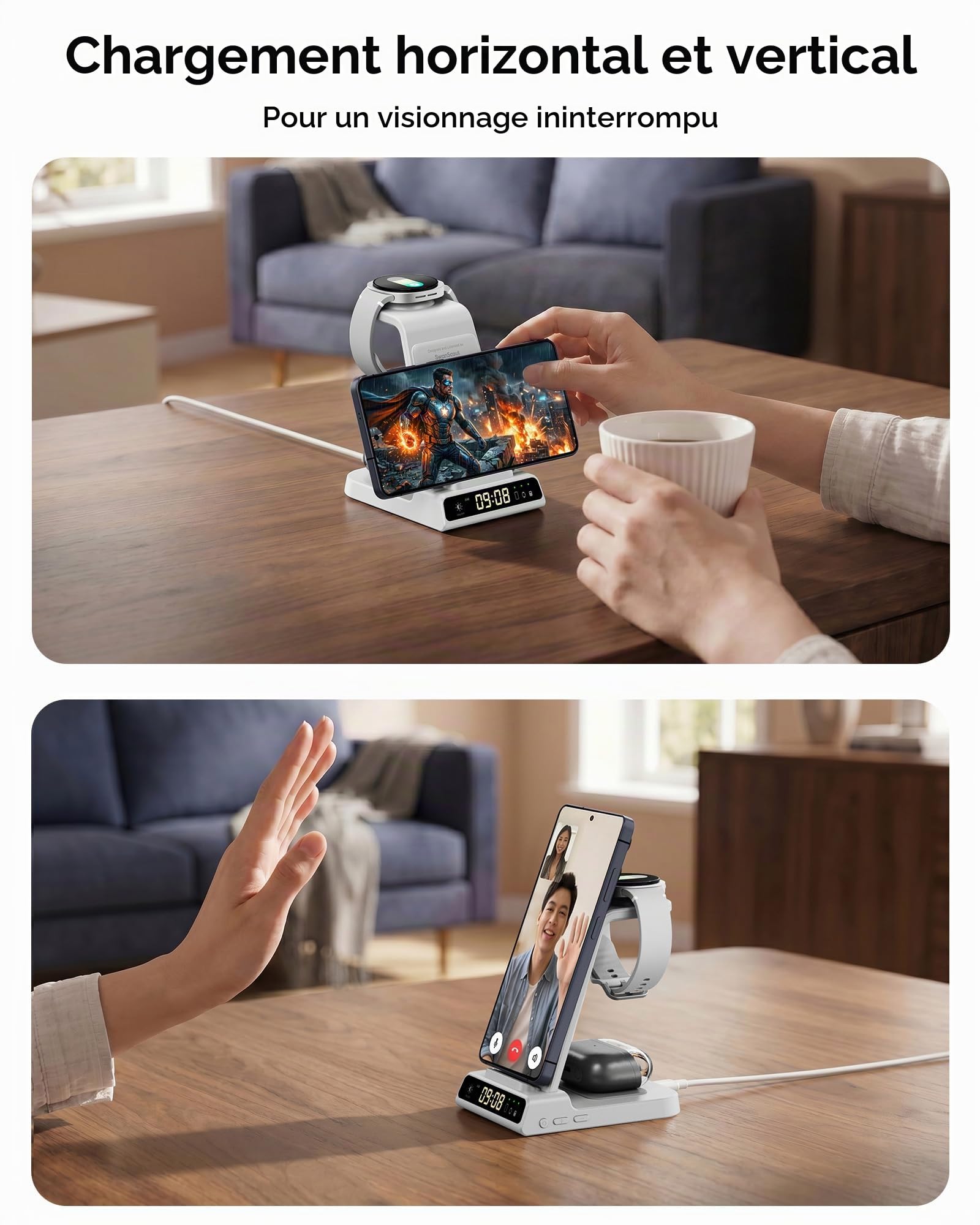 Chargeur Induction pour Samsung S26 Ultra/S26+/S26/S25/S24/S23/Z Flip7, Station de Charge sans Fil 3 en 1 pour Galaxy Watch 8/8 Classic/Ultra/7/6/5 Pro, Galaxy Buds4 Pro/4/3 (sans Adaptateur)