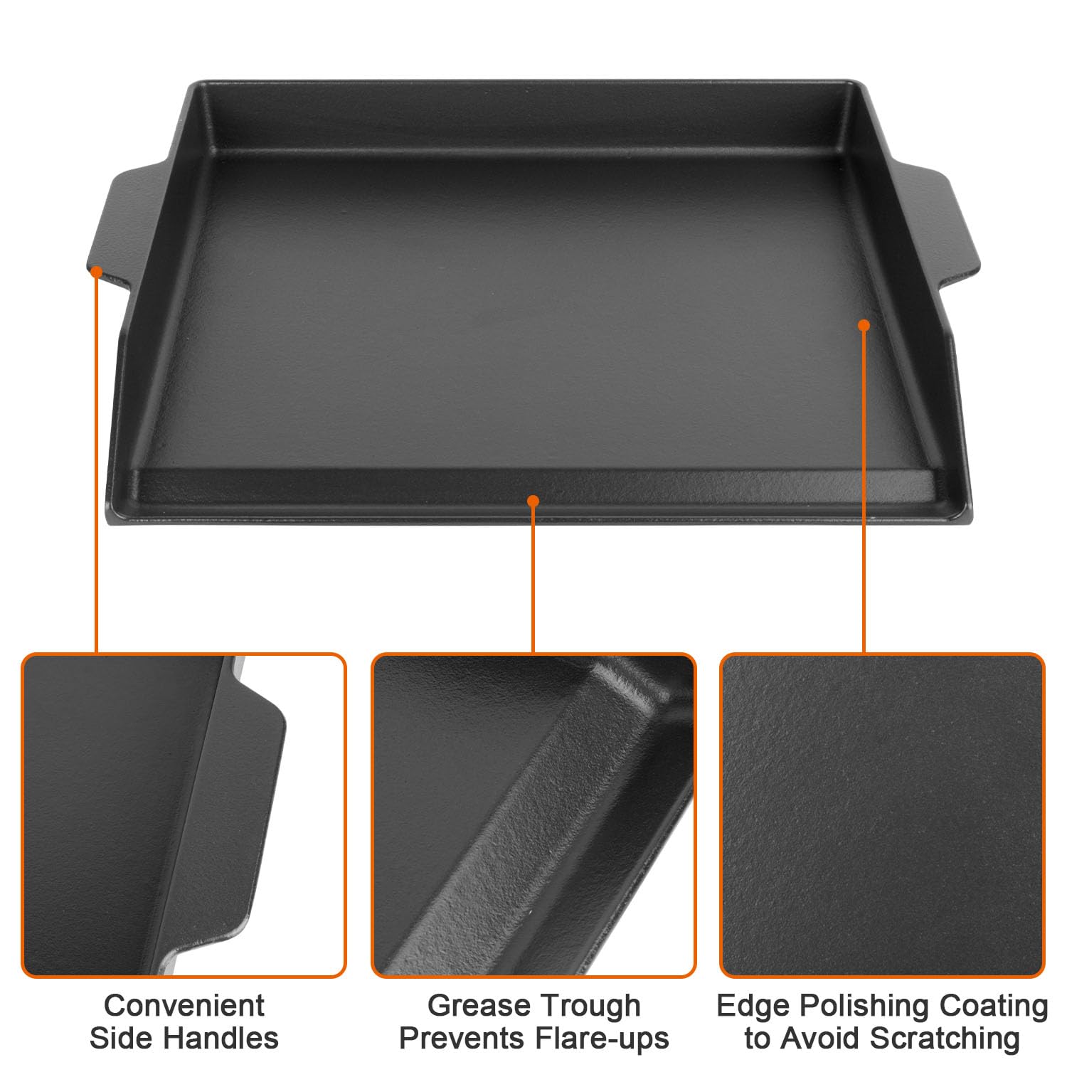 Plancha universal para parrilla de gas con juego de espátula, 18 x 14 pulgadas, antiadherente de hierro fundido para exteriores, placa superior plana grande para barbacoa que se adapta a 3