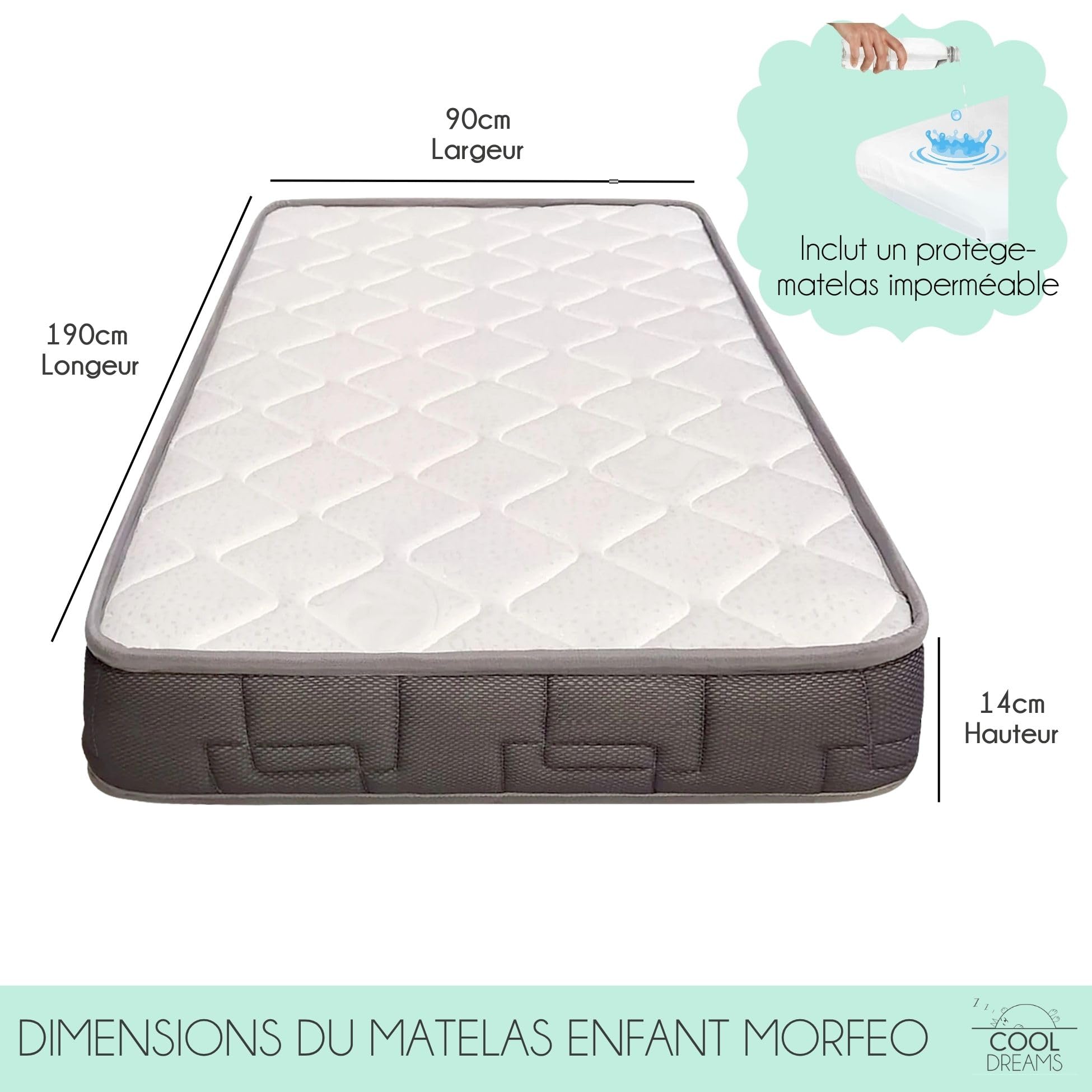 Matelas pour Enfants 90x190 HR Morfeo - Certifié Oeko-Tex® et CertiPUR - Protège-Matelas en Coton imperméable 100% hypoallergénique, antibactérien et Anti-acariens CoolDreams