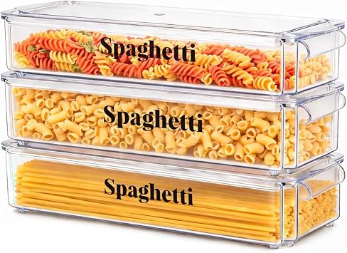 3 Pack Pasta Storage Containers - Spaghetti Storage Jar, Clear Pasta Jars with Chalk Labels & Pull Handles, Kitchen Storage Containers for Cereal, Dry Food, Spaghetti