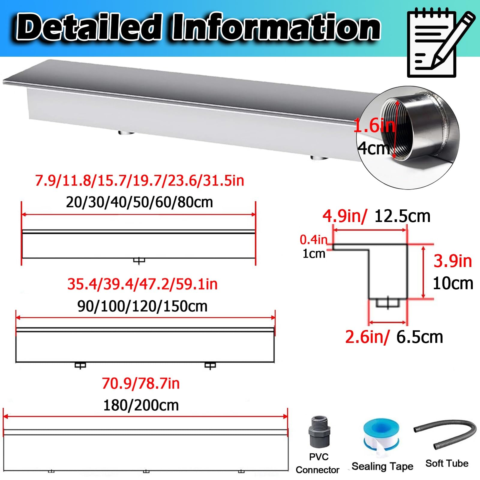 Kit per fontana in acciaio inossidabile 304, con tubo lungo, per stagni all'aperto, cascate e parchi (46/117 cm)