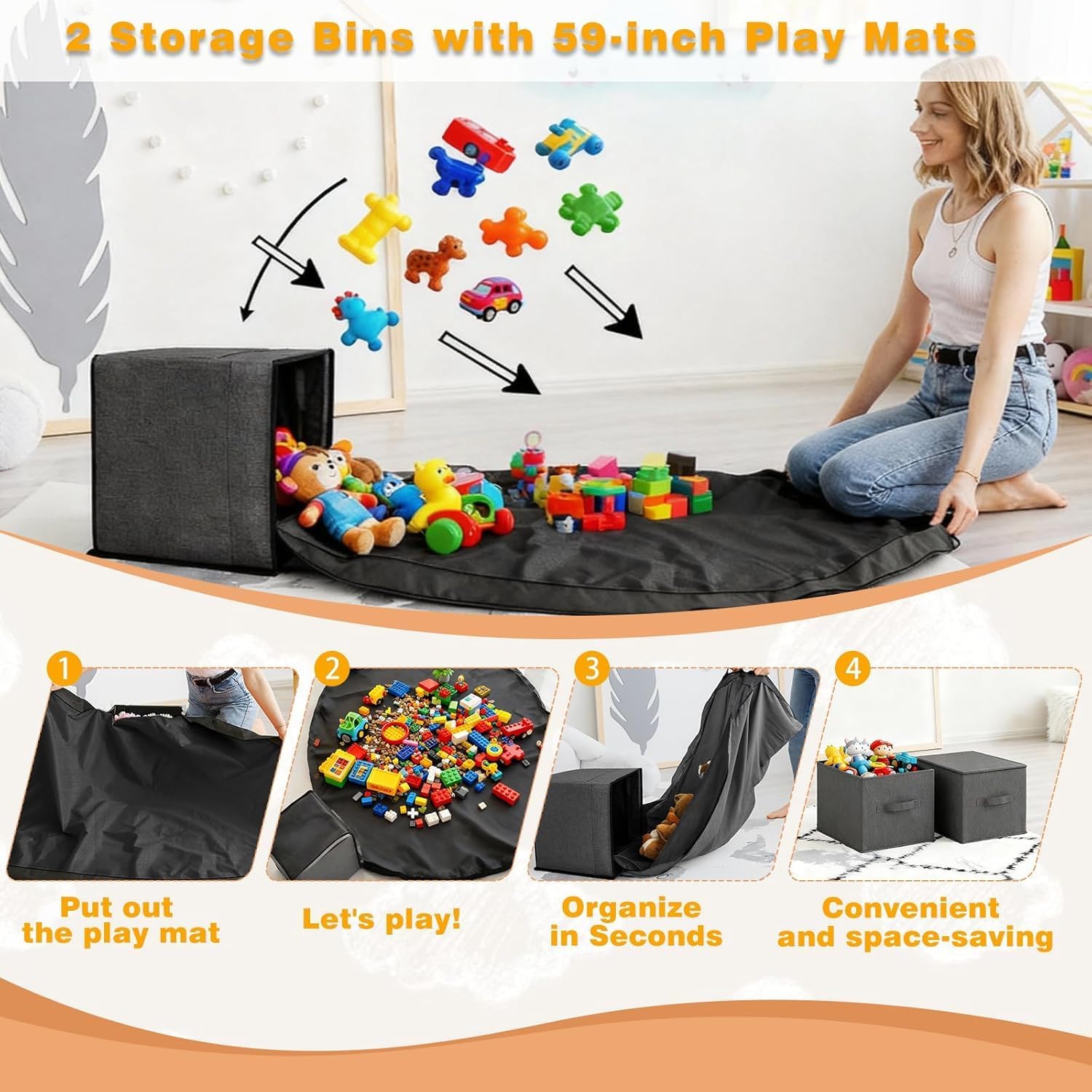 42.9'' Stuffed Animal Storage with Kids Bookshelf, Large Toy Storage with Toy Chest and Play Mat, Wooden Organization with 2 Movable Drawers, 3 Tier Bookshelf for Nursery Kids Room Playroom,Pink