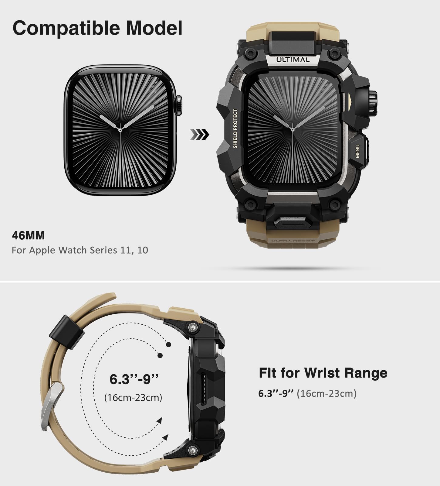 ULTIMAL Custodia robusta con cinturino per Apple Watch da 46 mm, compatibile con Apple Watch Serie 10, di grado militare, antiurto, per cinturino tattico da uomo (46 mm, giallo deserto)