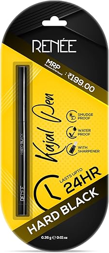RENEE Hard Black Kajal Pen | 24 Hrs Stay Long Lasting Super Black Kajal Pencil 0.35gm, Matte Finish, Rich Color Payoff, Smudge & Water Proof with One Swipe Application Formula