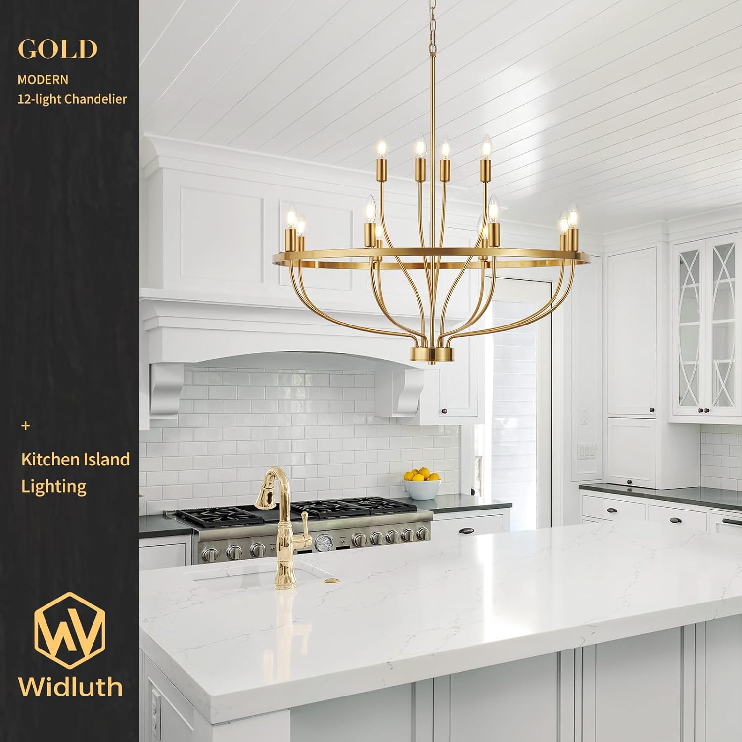 33.5" Modern Gold Chandelier Light Fixture Vintage Mid Century Modern 12-Lights Candle Style Chandeliers Retro Golden Chandelier for Dining Room, Kitchen Island, Living Room, E12