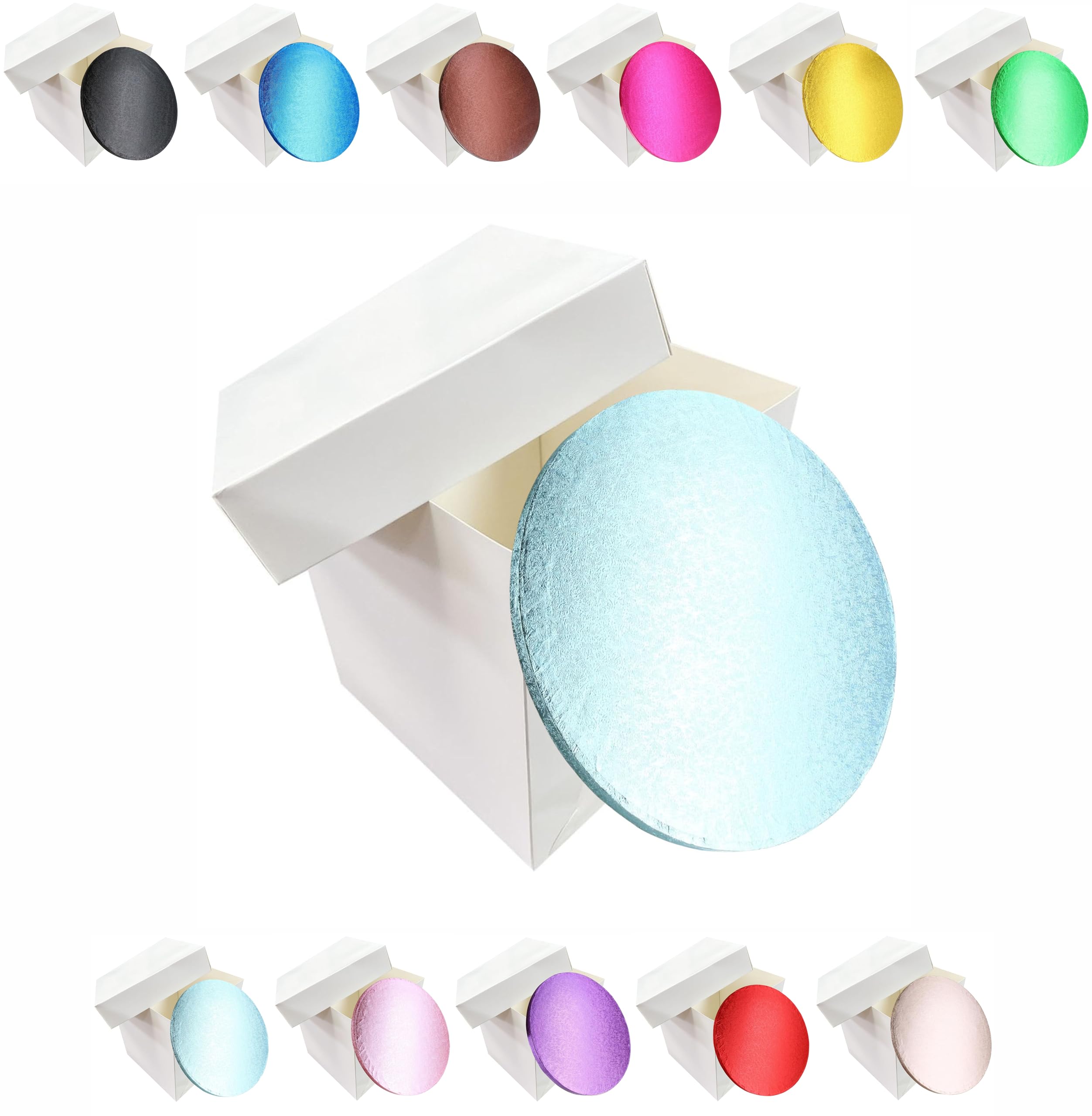LARRYROO Tall White Extra Deep Cake Box + Lid & Round Colour Cake Drum Board Combo Pack for High Celebration, Wedding, Birthday Cakes (Light Blue, 10 Inch)