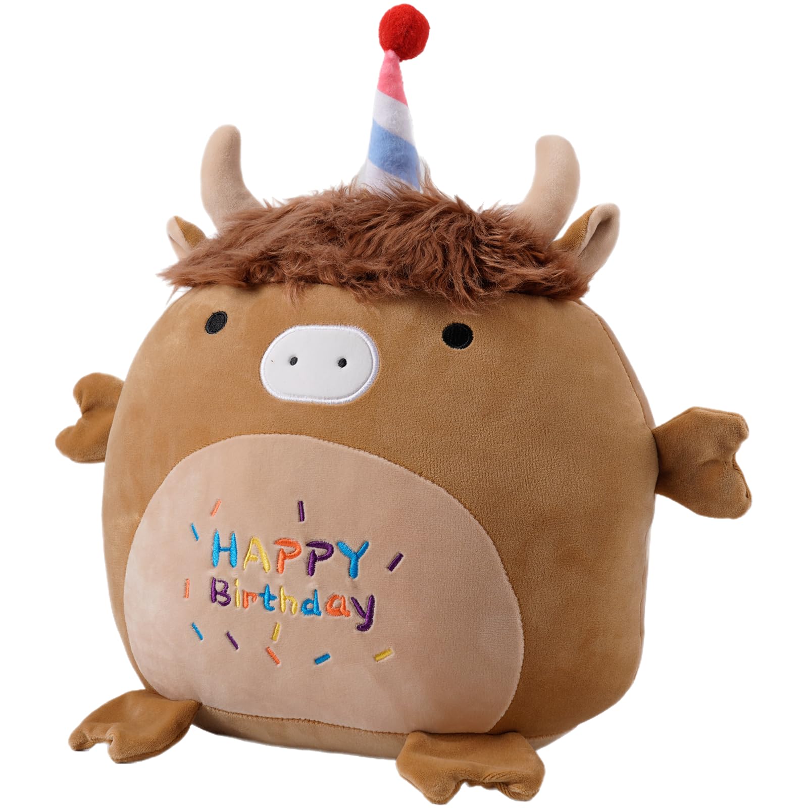 12 Inch Happy Birthday Highland Cow Plush Hugging Pillow - Cute Animal Plushies Toys - Brown Fluffy Scottish Cow Stuffed Animals Gift for Kids and Lovers 3