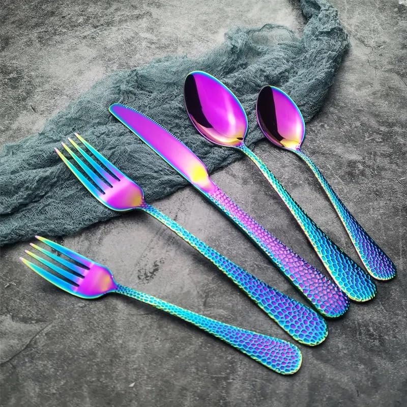 Image of aDai Hammered Rainbow Silverware Set | 20-Piece Premium Stainless Steel Flatware Set | Dishwasher Safe Cutlery Set for Home, Restaurant & Gifting