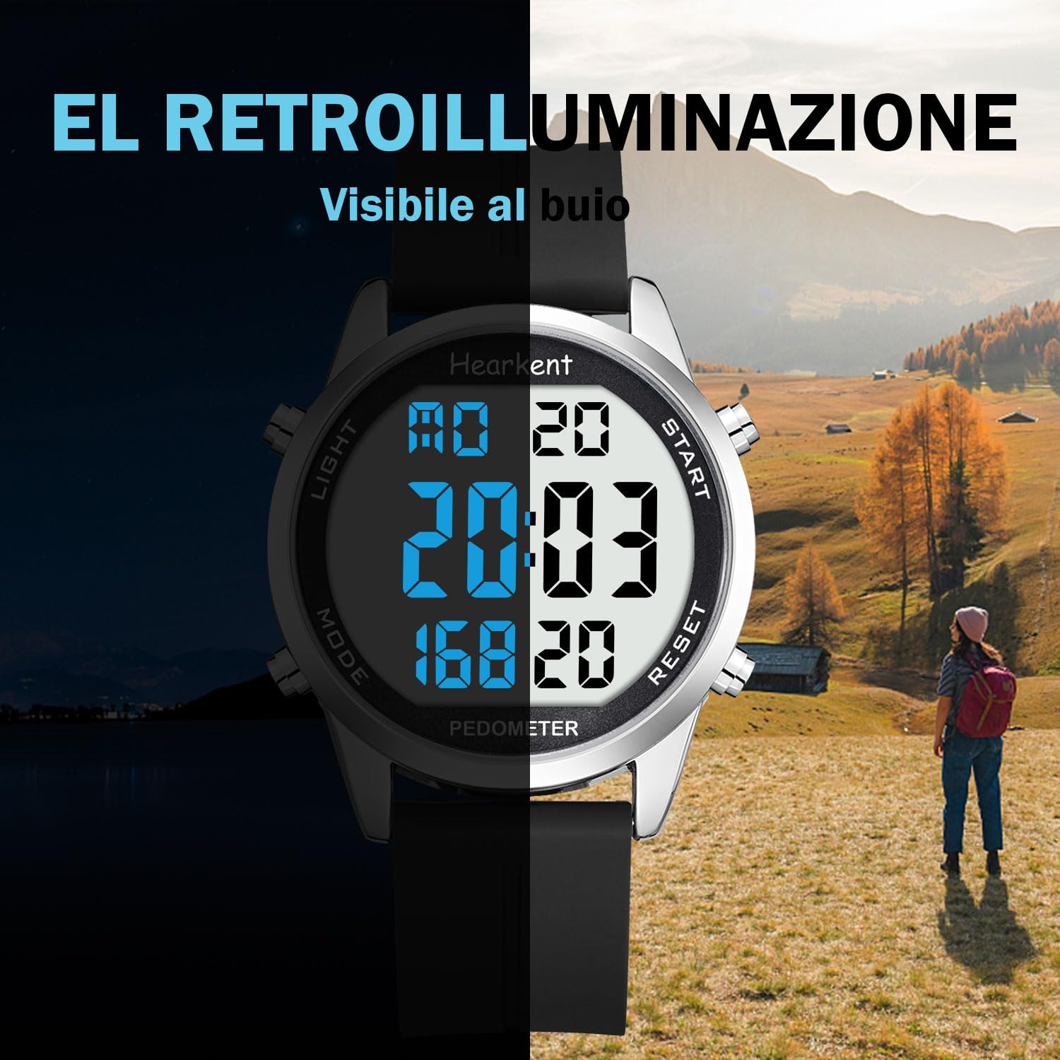 Hearkent Orologio da polso per il fitness con contapassi, pedometro, contatore delle calorie, display LCD digitale ad alto contrasto e retroilluminato, resistente all'acqua