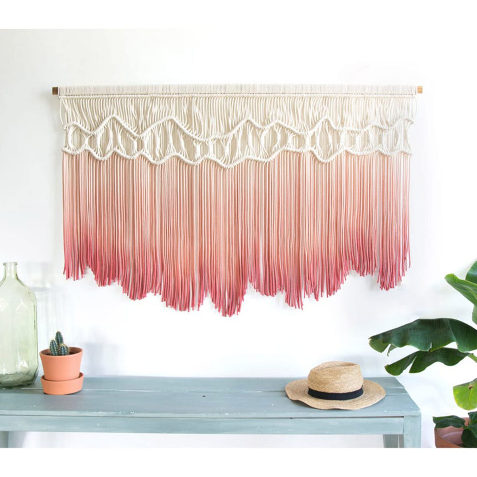 Handgemachte Makramee Wandbehang Tapisserie Großer böhmischer Treibholz-Dekor, 100% Baumwolle Seilgefärbte Makramee-Wandteppiche Home Kunst Hintergrund Wanddekoration,Pink-142 x 80 cm