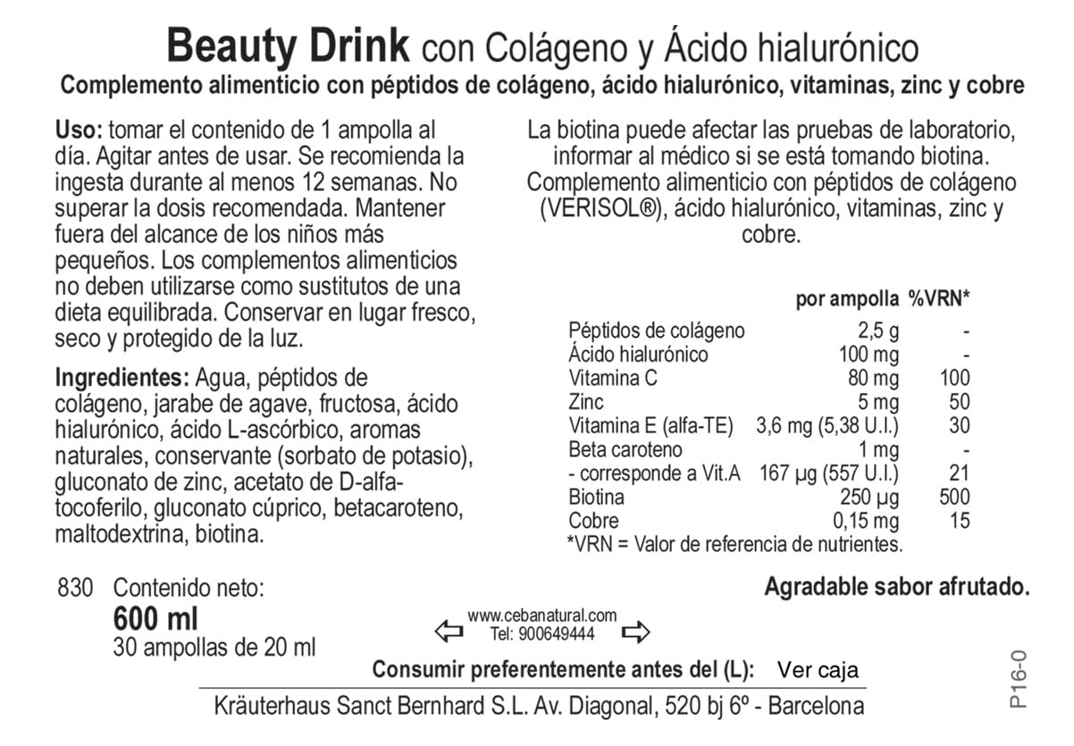 Colágeno Verisol® Beauty-Drink con Ácido Hialurónico - 3x 30 Ampollas colágeno bebible máxima absorción - Piel firme, cabello fuerte, uñas sanas - Vitamina C, Zinc, Biotina - Sabor afrutado listo
