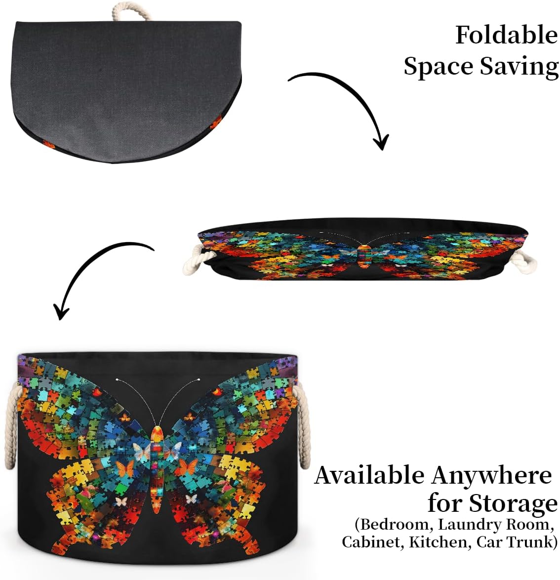 Large Round Laundry Basket Autism Rainbow Butterfly Toy Bins Organizers and Storage for Girls Canvas Collapsible Blanket Storage Basket Laundry Hamper Gift Baskets Bedroom Clothes Children Nursery