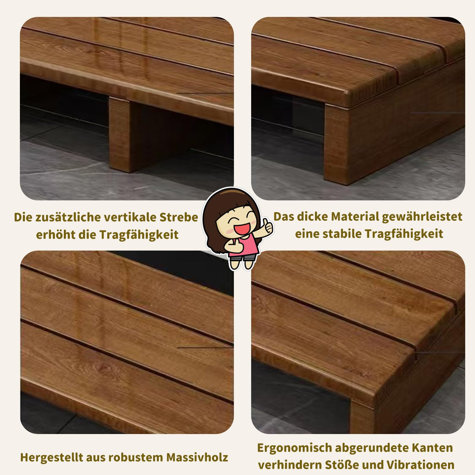 Trittbrett aus Holz für den Innen- und Außenbereich, rutschfest, 300 kg Kapazität, keine Montage erforderlich, vielseitige Fußstütze, 60 x 30 x 11 cm, Massivholz, Tritthocker für Kinder und Erwachsene