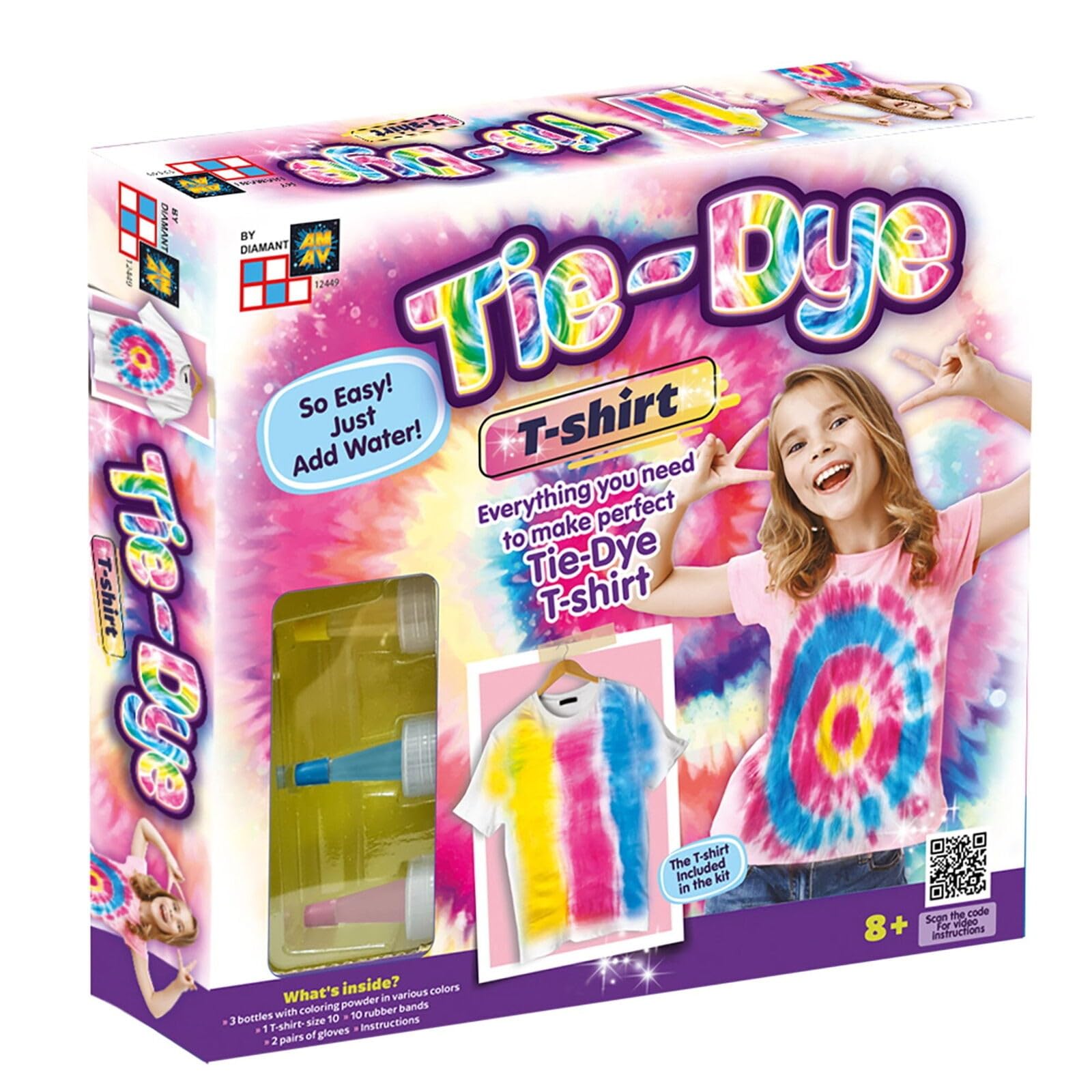 Tie-Dye T-Shirt Kit, Kids Tie & Dye DIY Craft Set, Includes 3 Bottles, Dry Colors, White T-Shirt & Instructions, Kids Friendly Creative Activity, Create Your Own Fun Designs, Ages 8+ Years - 12449
