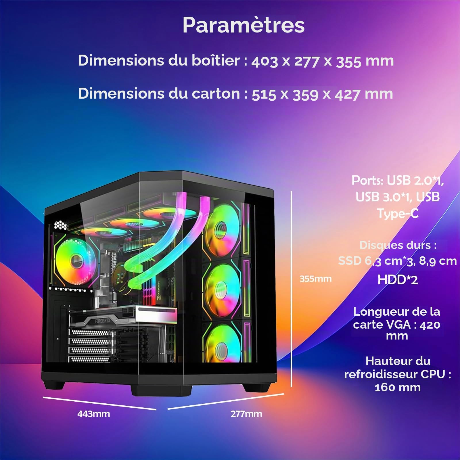 Boîtier PC - Gaming | IONZ APEX Vision - Tour intermédiaire ATX, double chambre avec 4 ventilateurs ARGB PWM - Écran LCD | Noir