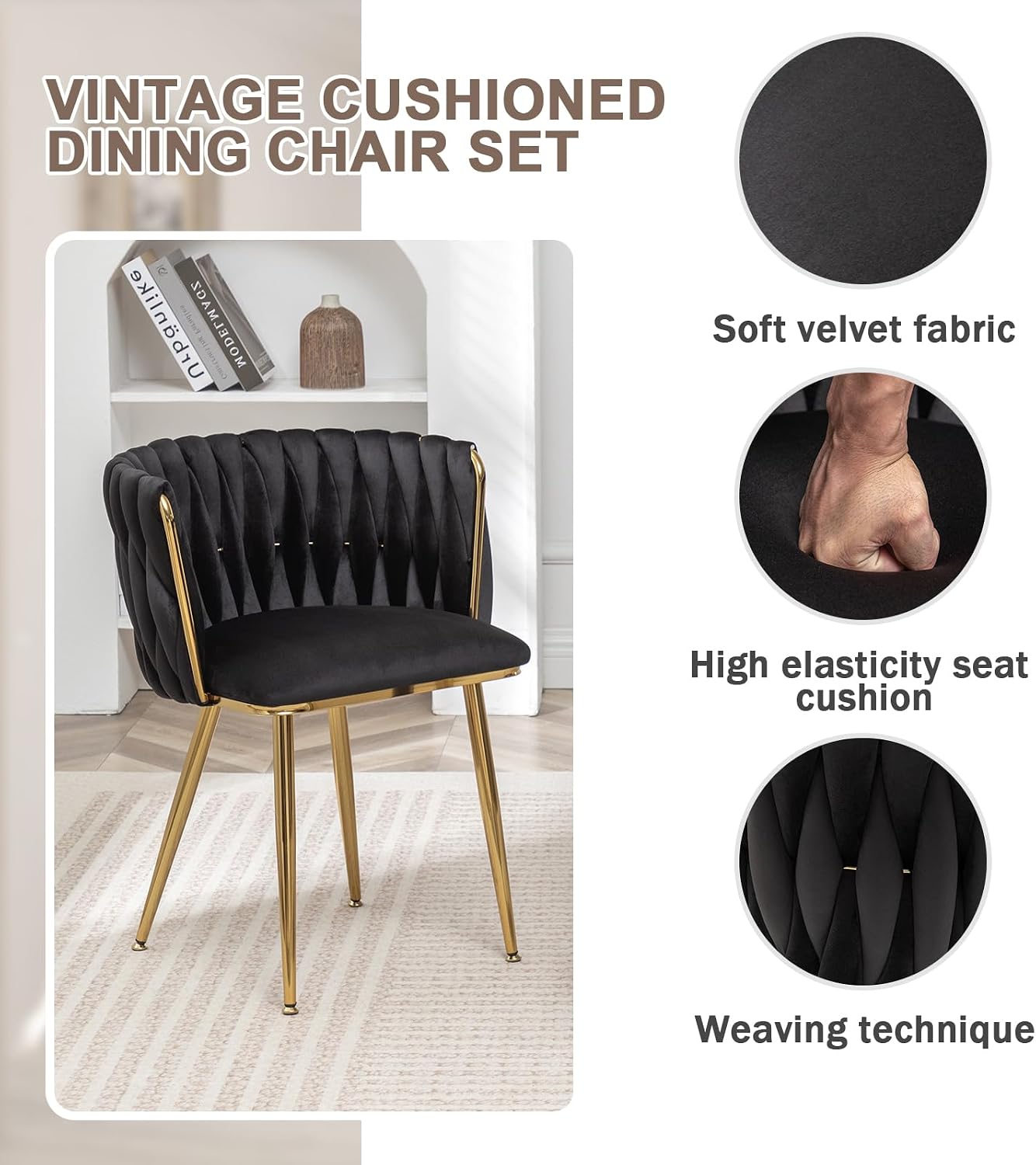 ECHINGLE Velvet Dining Chairs Set of 4, Modern Upholstered Woven Dining Chairs with Gold Metal Legs, Modern Accent Chairs for Dining Room, Vanity, Kitchen, Living Room(Black)