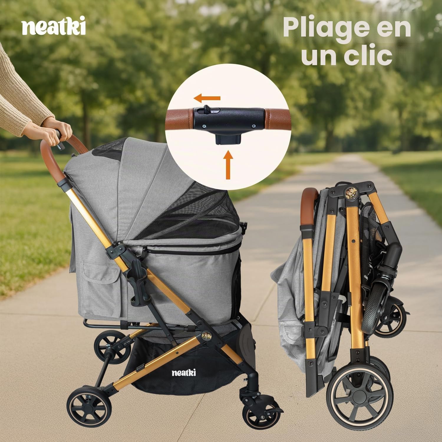 Poussette pliable pour chiens et chats | Capacité de 15 kg | Roues avant pivotantes à 360° | Pliage en un clic | Clips de laisse/sécurité | rembourrage lavable (Gris)