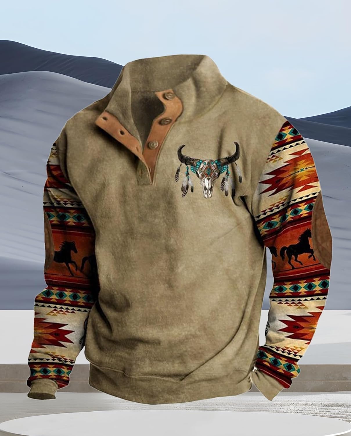 Western Sweatshirts for Men Aztec Ethnic Print Quarter Zip Pullover Fleece Hoodies Casual Stand Collar Sweatshirt - Image 4