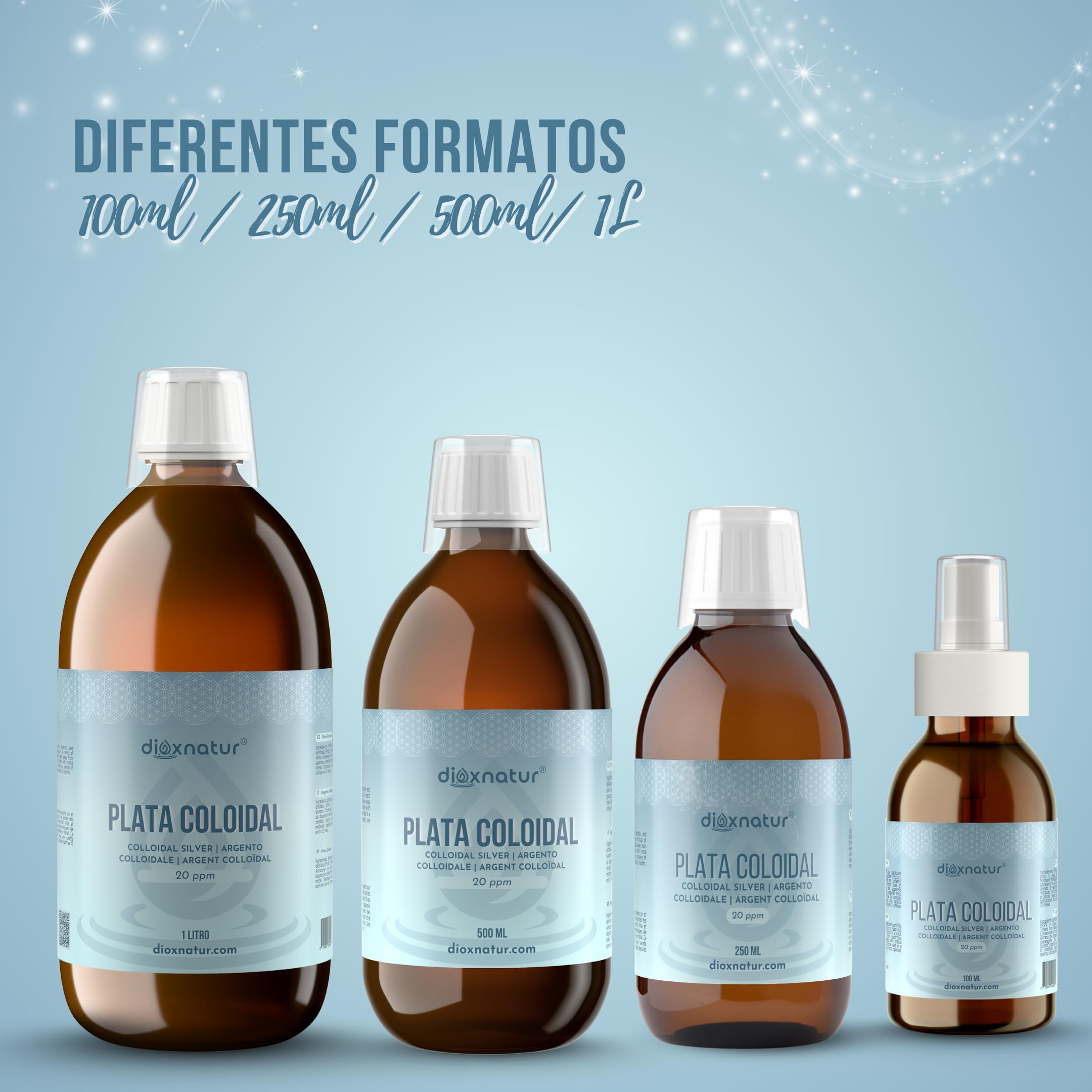 Plata Coloidal 1 L - 20 ppm - 99,99% Pureza - Solución Líquida con Agua Bidestilada - Botella Vidrio Ámbar con Spray y Vasito Medidor