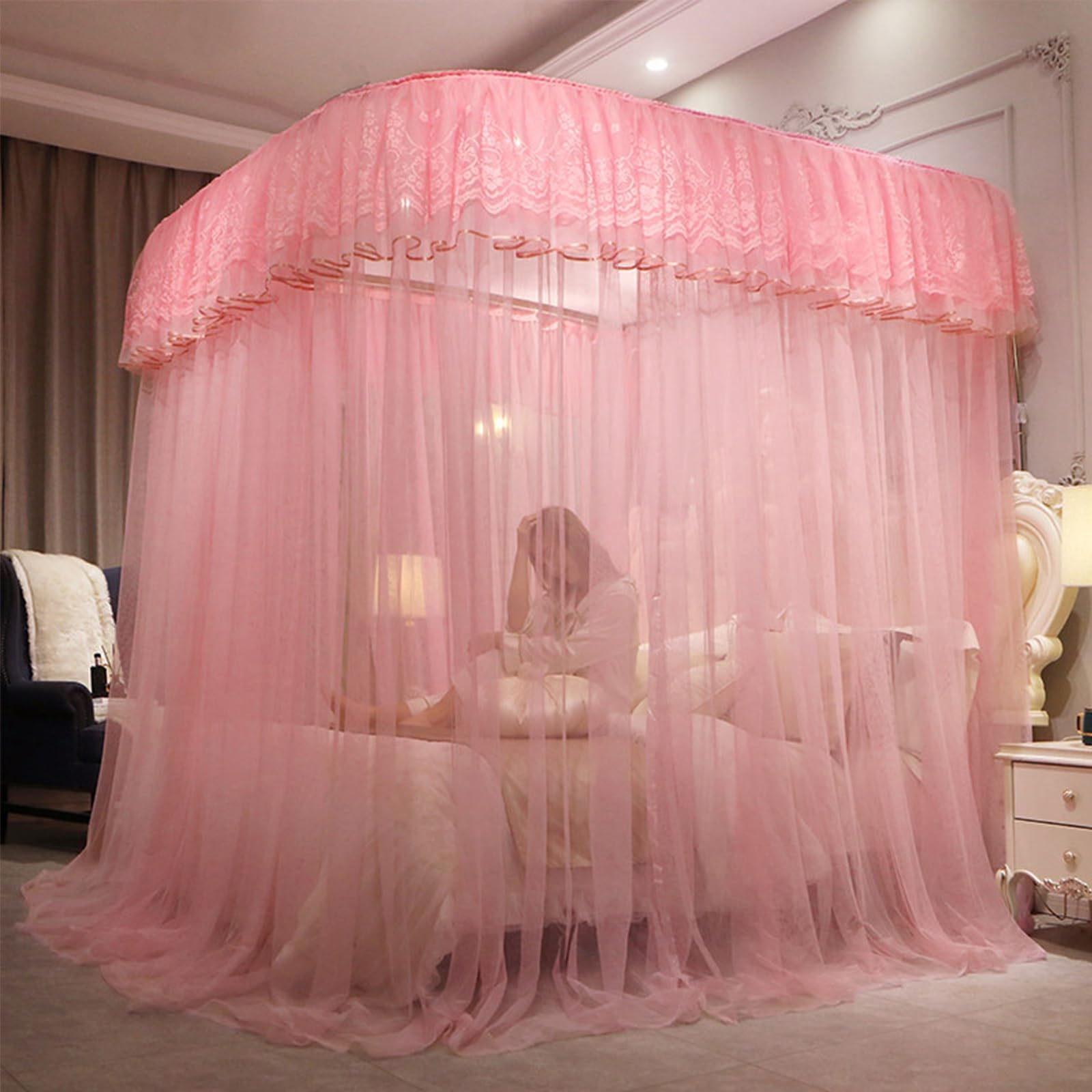 SARKEY U-Shaped Rail Bed Canopy Curtain,Three-Opening,Embroidery Lace Sheer Mesh(C,180x200x210cm(71"x79"x83"))
