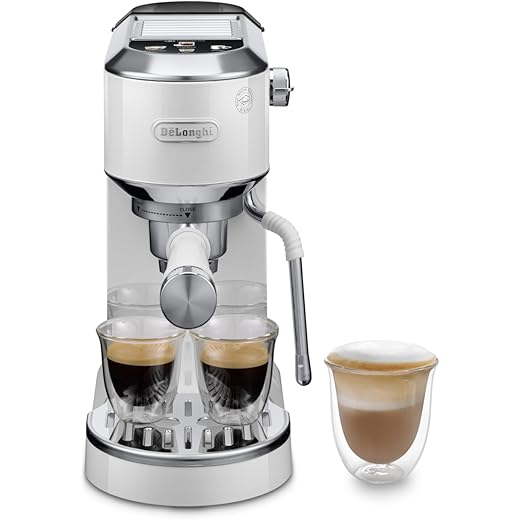 De’Longhi Dedica Duo EC890 Barista Coffee Machine with Pump, Espresso and Cold Brew, Manual Coffee Machine with Latte Art Steam Wand, 15 cm Wide, 2 Espressos, Touchscreen, Cups up to 13 cm (white)