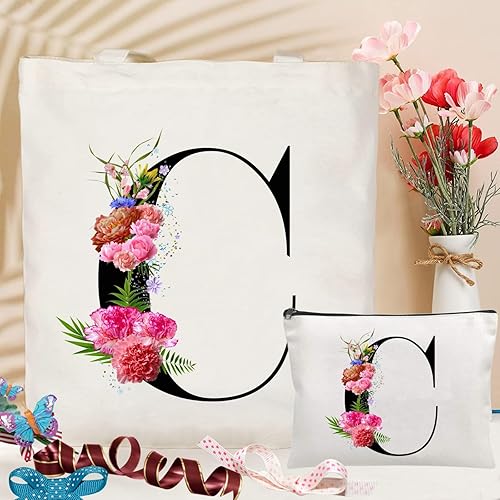 Miniatura 3 de Andeiltech - Bolsa de lona con inicial floral, personalizada, bolsa de maquillaje con monograma, regalo para damas de honor, cumpleaños, boda