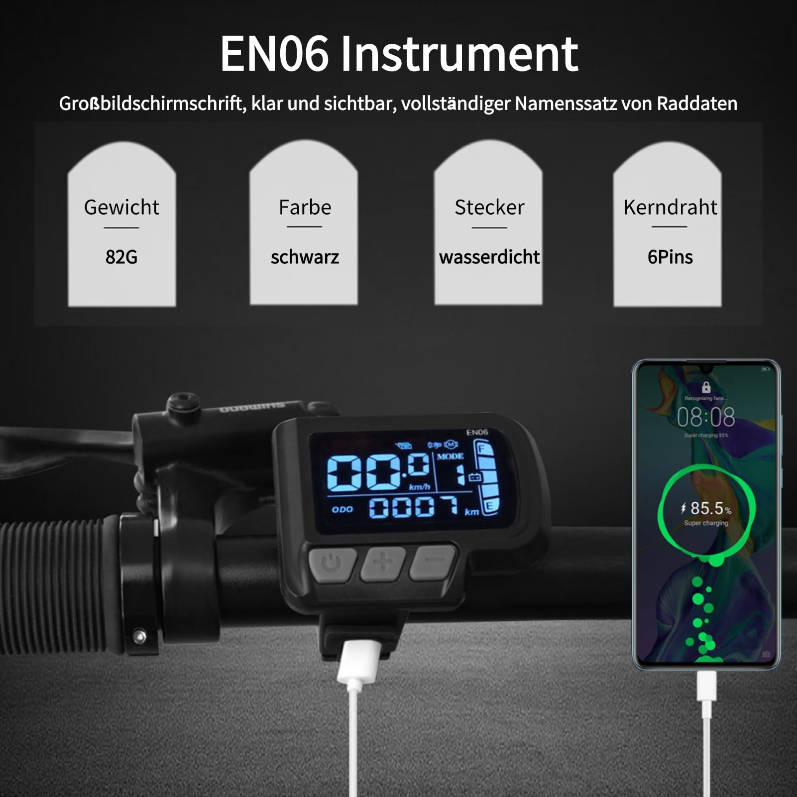 LCD Bike Display EN06 with Speedometer, Waterproof Cable 6-Pin Connector, 24V 36V 48V 60V Electric Bike Display for E-Bike