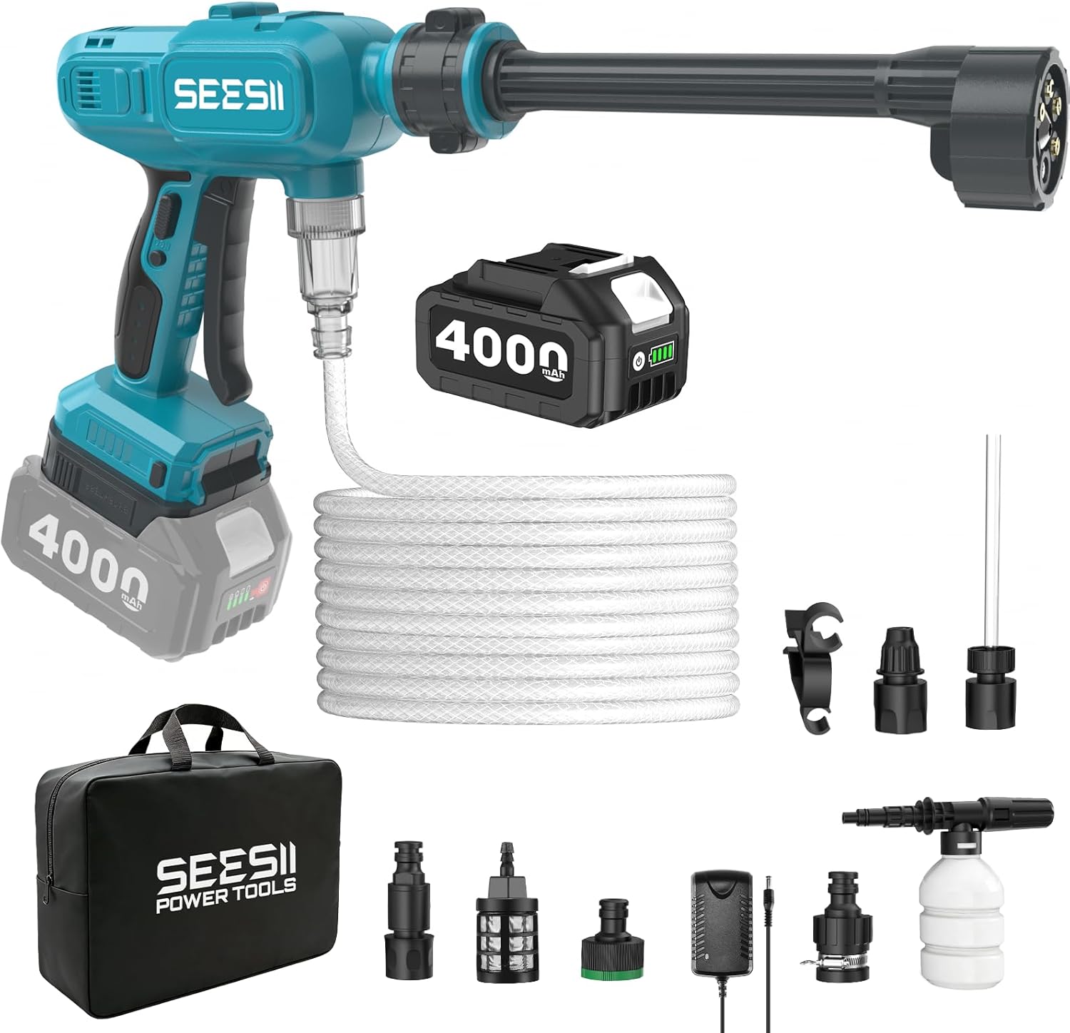 SEESII Cordless Pressure Washer Battery Powered，4000mAh Battery High Pressure Power Washer with 6-in-1 Nozzle & Foam Cannon for Car, Home, Garden, Patio and Fence Cleaning