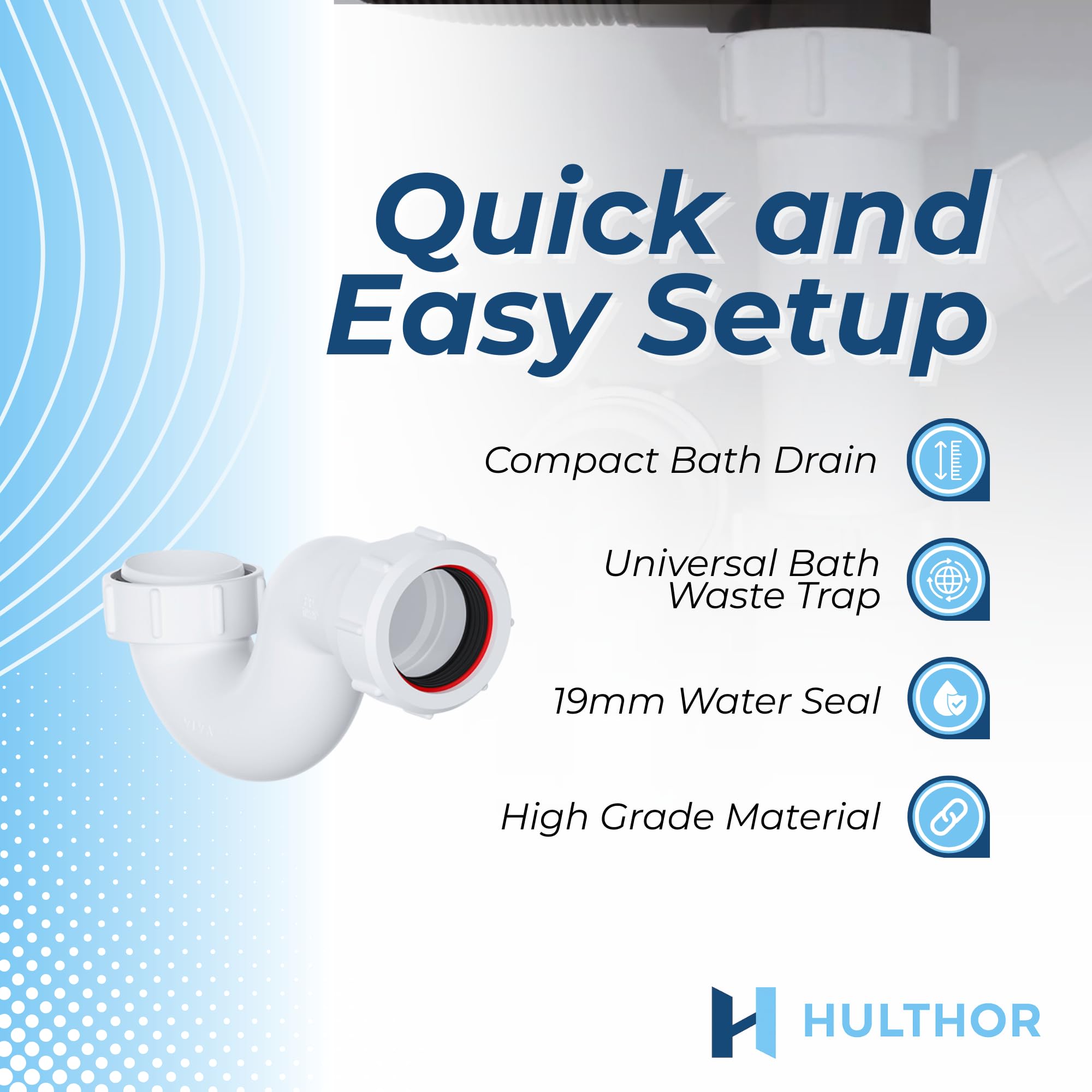 Hulthor Easy-Fit Bath Trap - 40mm Shallow Bath/Shower Waste P Trap, White for Baths & Showers, 1.1/2 Inch - Image 2