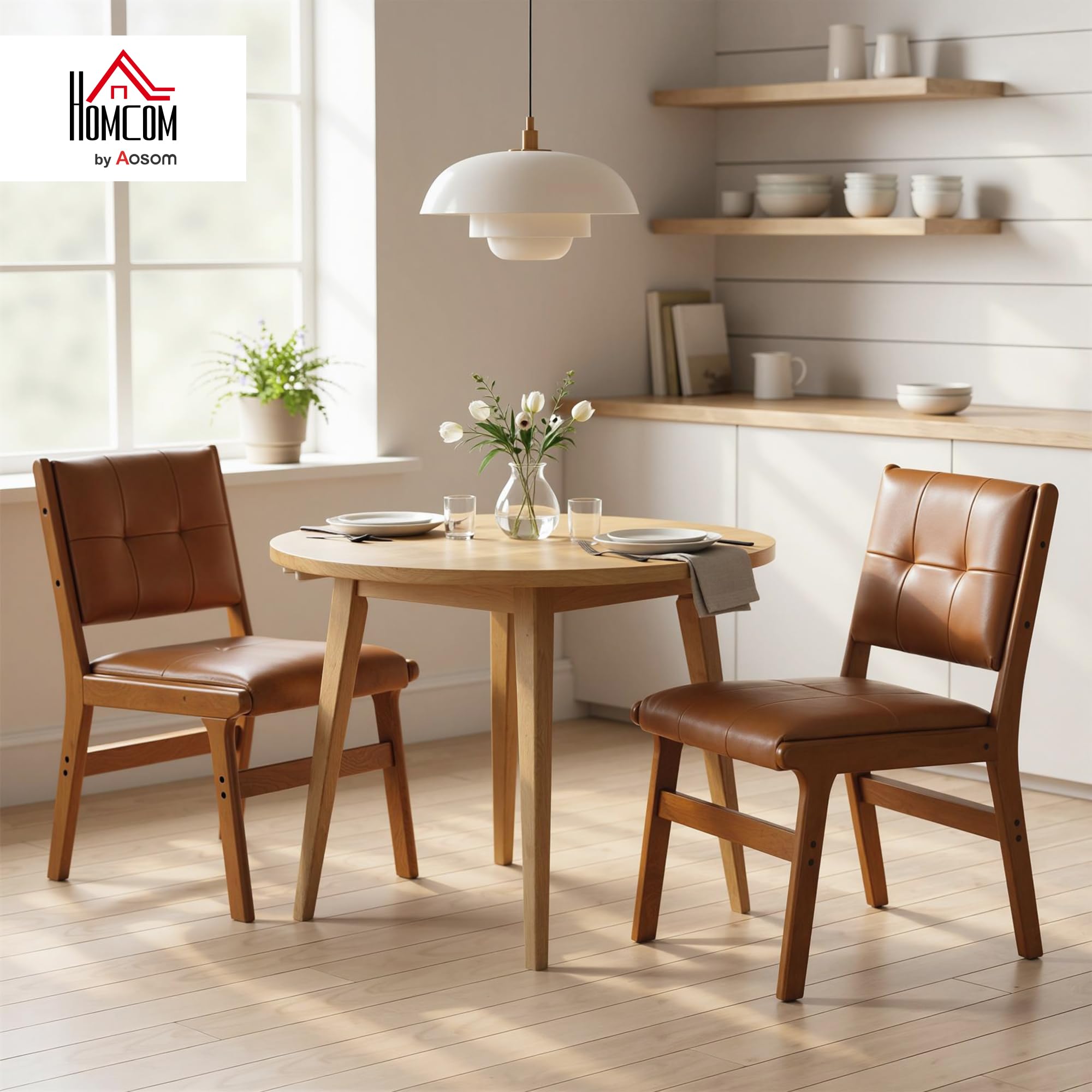 HOMCOM Pack de 2 Sillas de Comedor Tapizadas en PU para Salón Marrón | Sillas de Cocinas Modernas, Asiento Acolchado, Patas de Madera