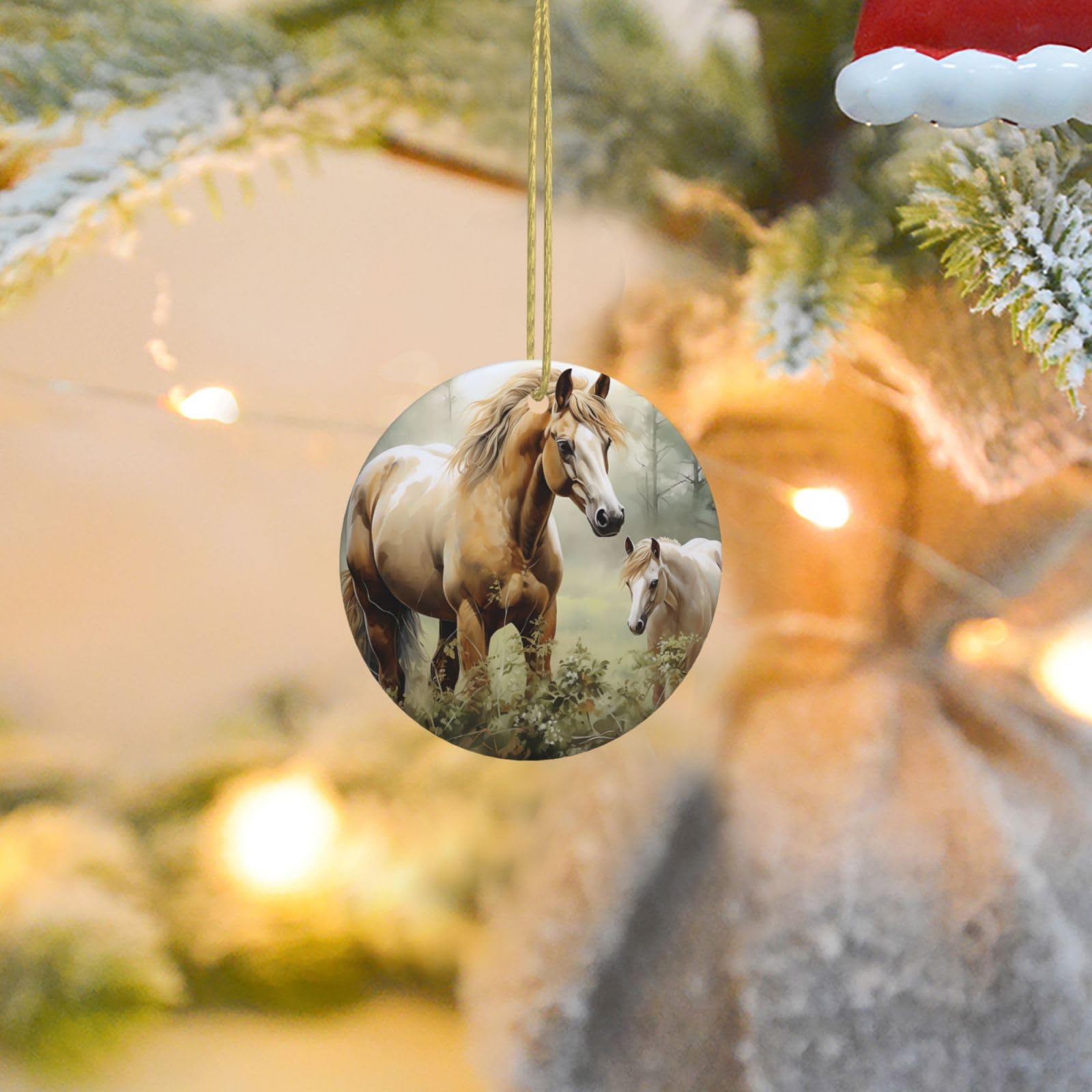 Christmas Ornaments for Christmas Tree Decoration Ceramic Hanging Animals Embroidery Paintings Horses Ornament with Gold Ribbon Crafts Round Pendant for Keepsake Gifts Glass Xmas Decor Party Supplies
