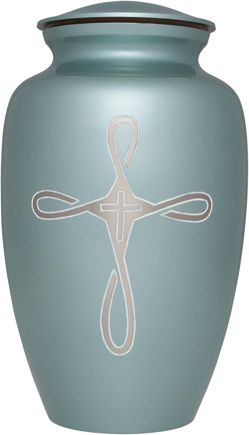 Ansons Urns Cremation Urn - Religious Cross Funeral Urn for Human Ashes - Large Adult Size Burial Urn - 100% Brass (Blue)