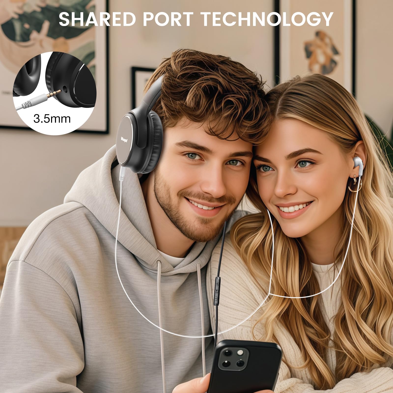 Przewodowe słuchawki nauszne USB C z mikrofonem, regulacją głośności, portem udostępniania i regulowaną opaską na głowę, składany zestaw słuchawkowy stereo do iPhone'a 16, Samsunga, laptopa