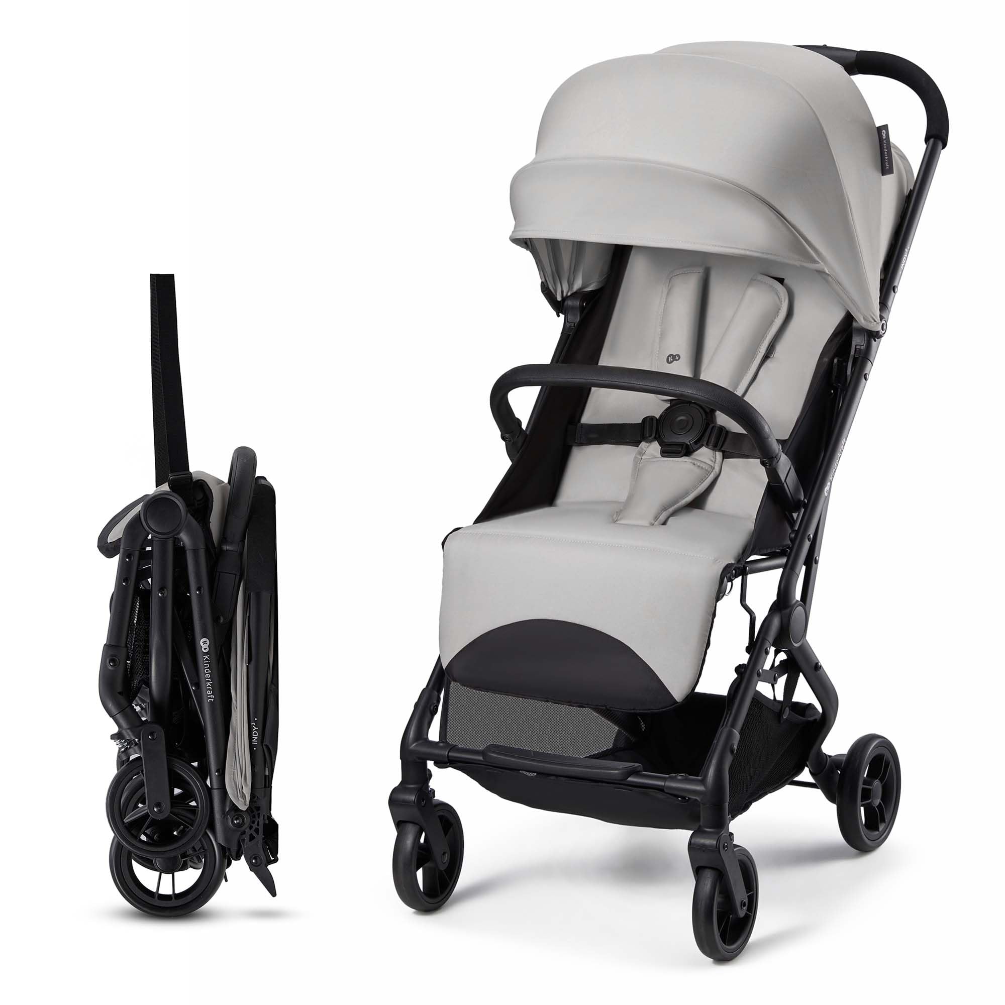 Kinderkraft INDY 3 silla de paseo ligera 7,​3 kg, desde el nacimiento hasta 15 kg, plegado con una mano CLICK & FOLD, compacta, ruedas TPR, arnés 5 puntos, Gris