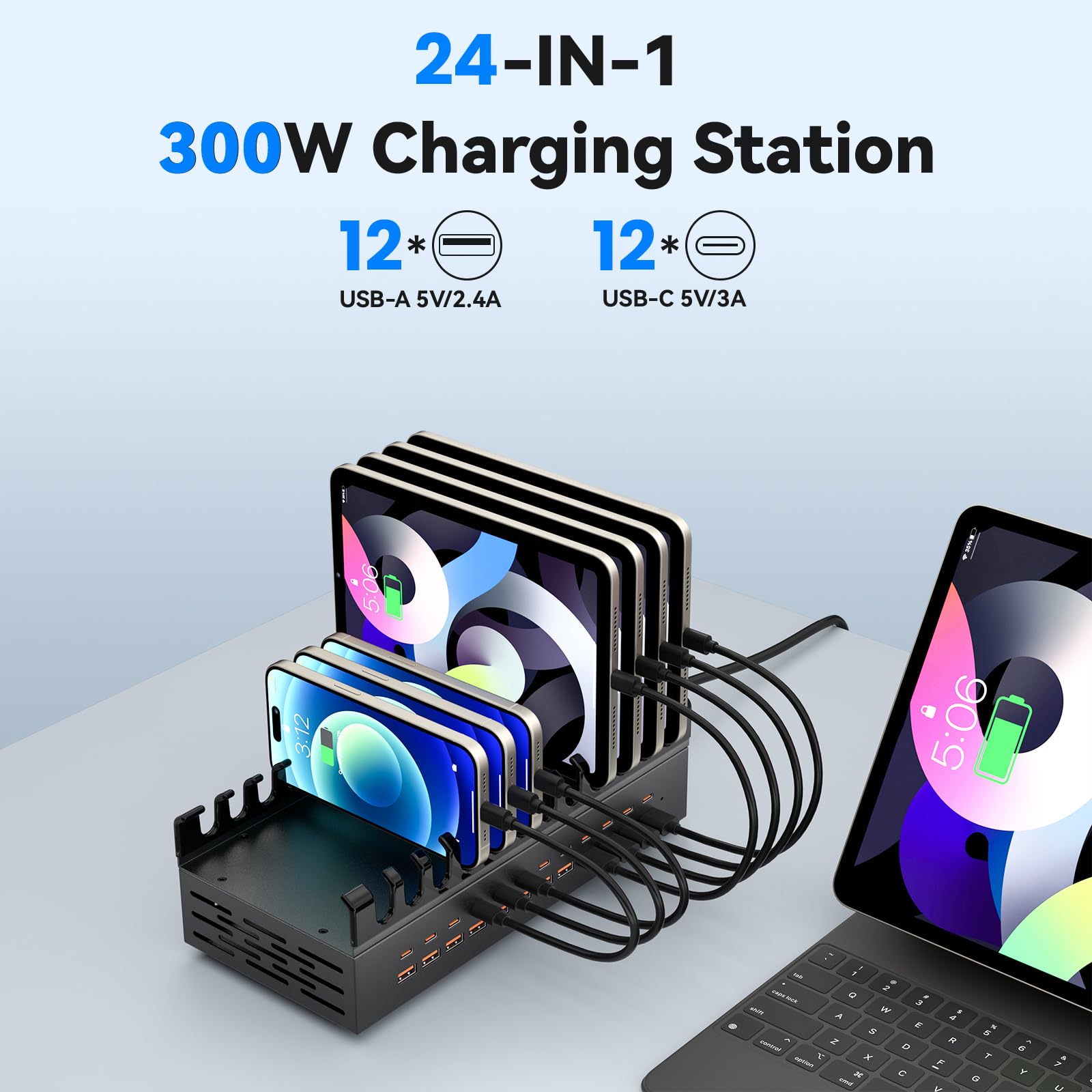 300W Charging Station for Multiple Devices, ALI SEA 24 Port USB C Fast Charging Station, Multi Device Charger Station Organizer Compatible with Cellphone, Tablet, Kindle, iPhone iPad and More