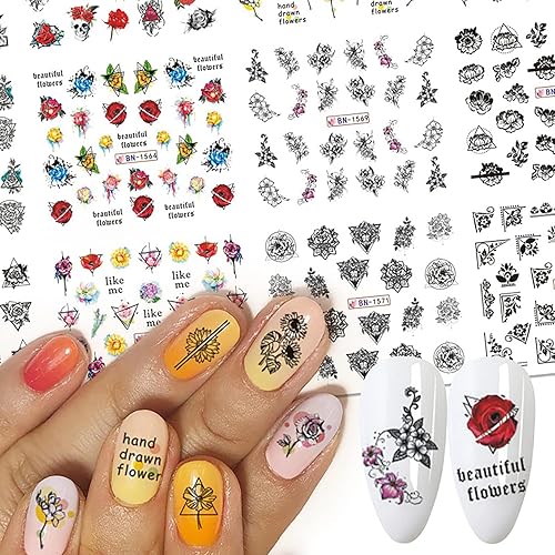 Miniatura 2 de Calcomanías de uñas de flores, coloridas calcomanías florales de transferencia de agua, calcomanías holográficas, calcomanías de arte de rosas rojas