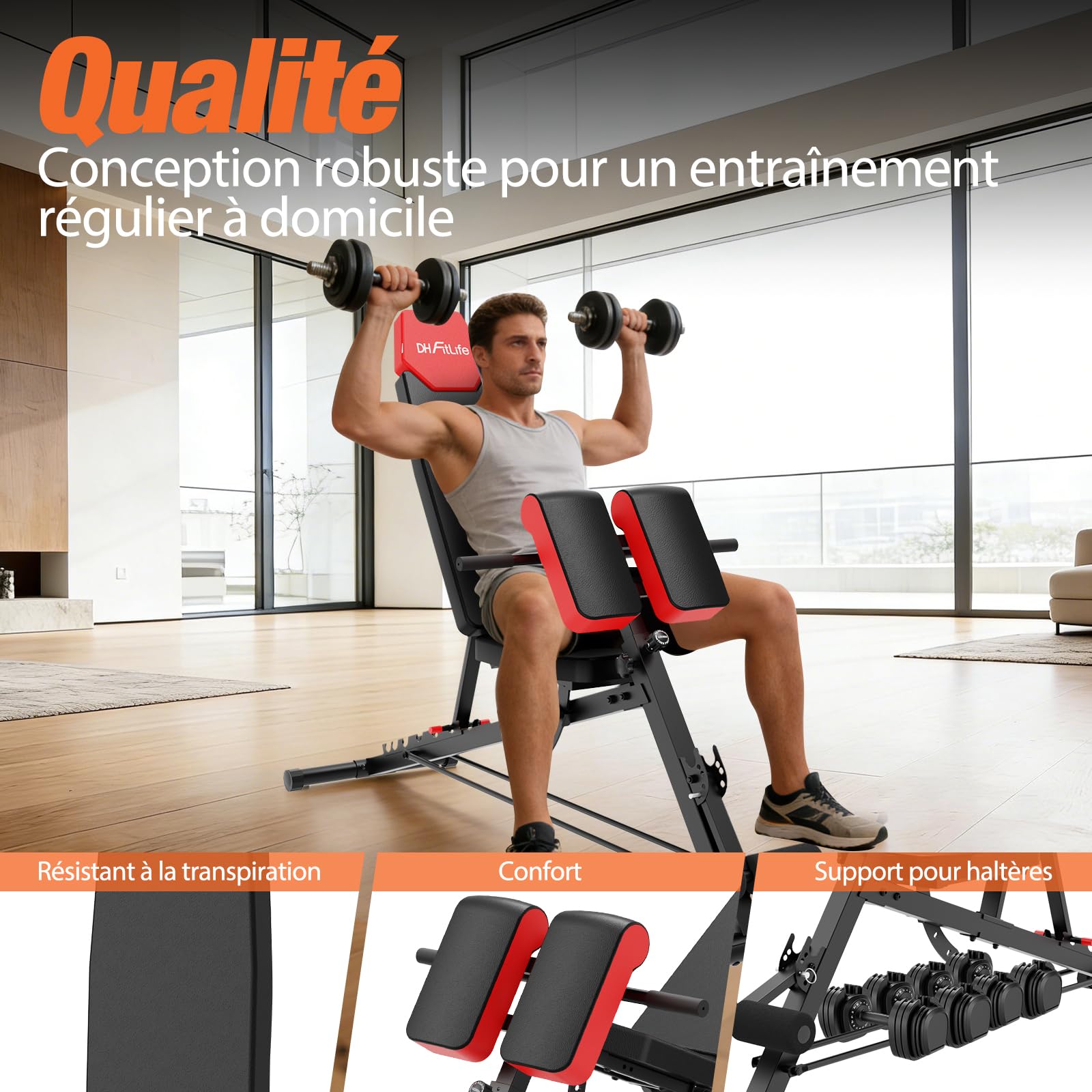 DH FitLife 2026 Premium Banc de musculation 6-en-1 réglable 350 kg avec hyperextension | Banc incliné pour développé couché | Multifonction maison/home gym