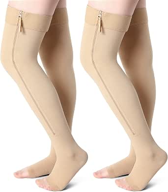 2 Pairs Open Toe Thigh High Zipper Compression Socks 2030