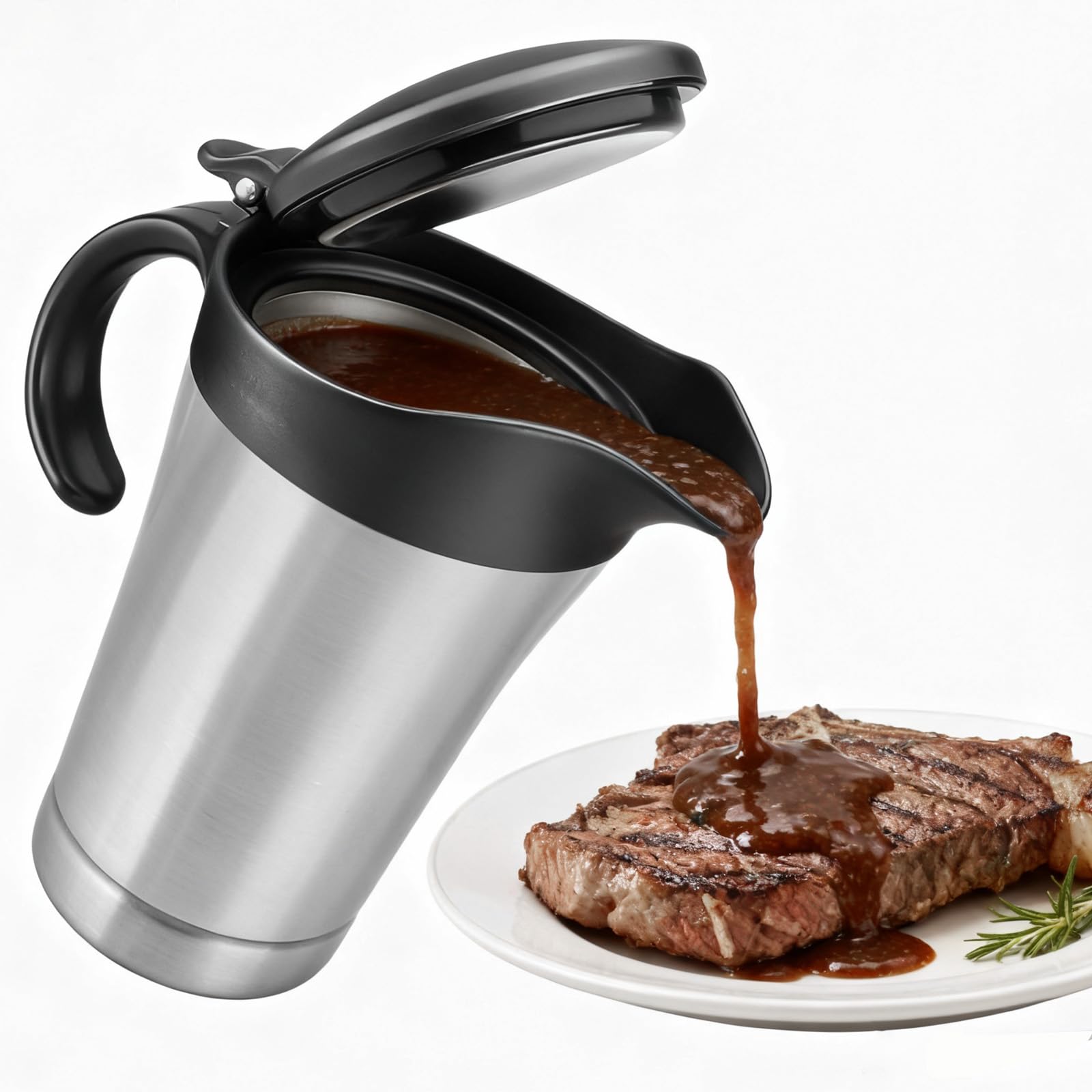 750ml Edelstahl Thermo Sauciere, Soßenkanne mit Klappdeckel, Doppelt Isoliert Saucenkanne, Thermo-Sauciere, Eleganter Silberner Saucenkrug für Hause, Abendessen, Restaurants, Partys, Weihnachten
