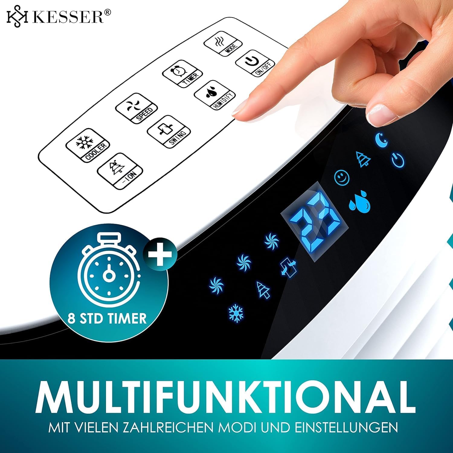 KESSER® Mobile Klimaanlage 4in1 Luftkühler – Air Cooler mit Fernbedienung & Timer, 10L Wassertank, Ionisator & Luftbefeuchter, Ventilator Klimagerät ohne Abluftschlauch, 3 Stufen inkl. Kühlakkus