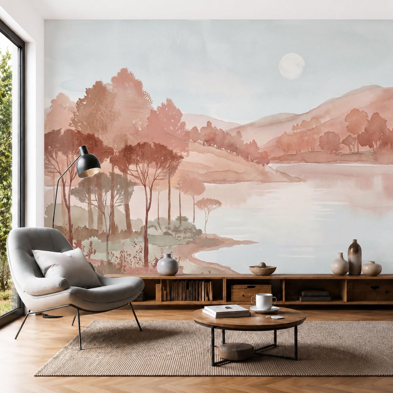 Papier Peint Panoramique Montagnes Rose Riz Poster Géant Mural 3D Salon Chambre Déco