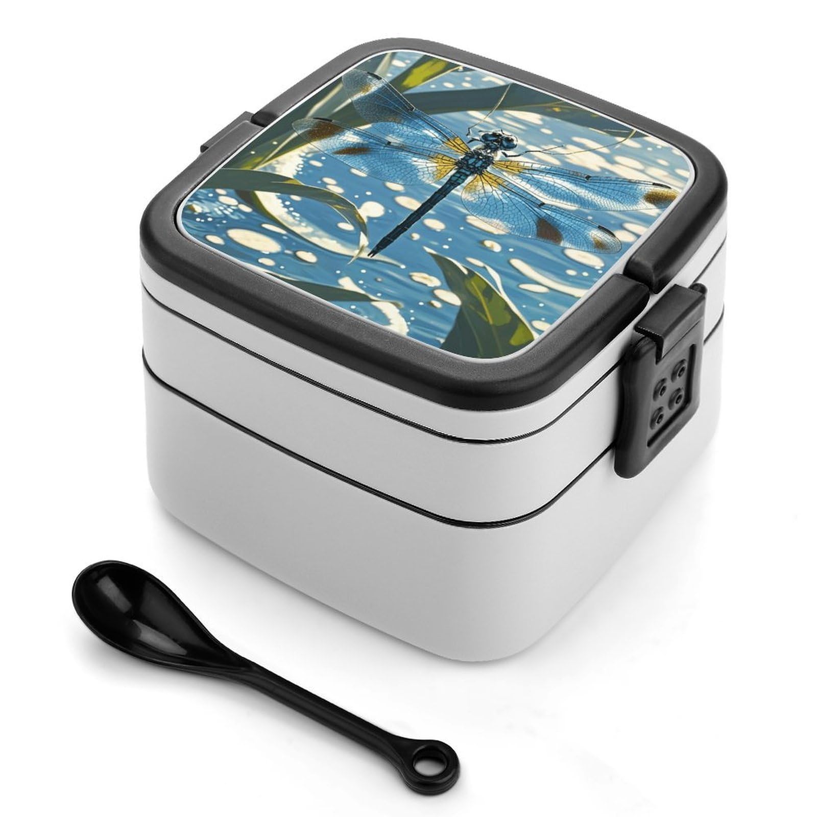 VstaDank Blue Dragonfly Bento Box with Compartments Portable Lunch Containers with Spoon Leak Proof Bento Lunch Box Snap-On Design Double-Layer Insulated Lunch Boxes for Work Camping