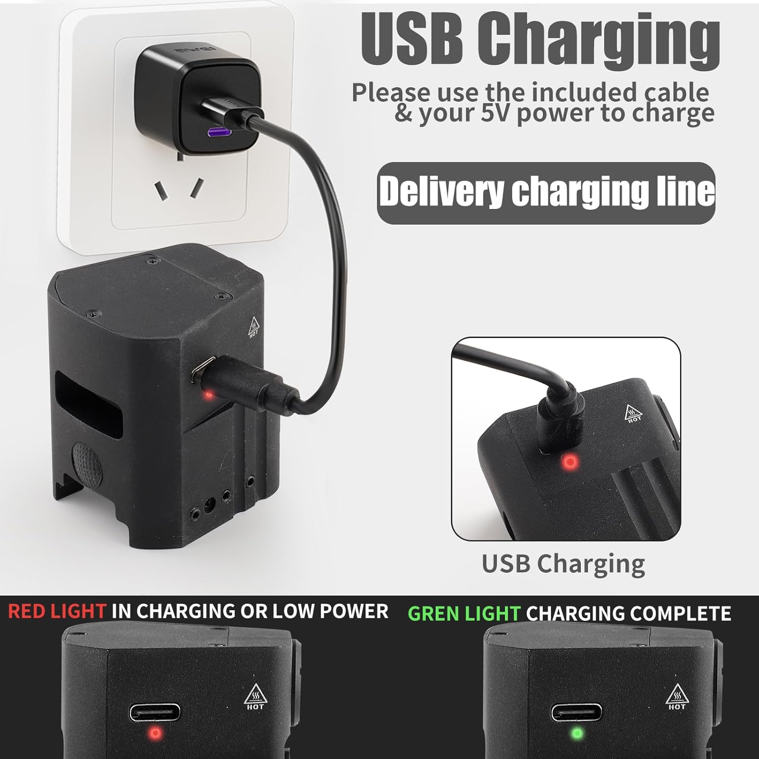 Diagram showing the USB charging process for the ZBULAR AL10 Pistol Light, with indicators for charging status.