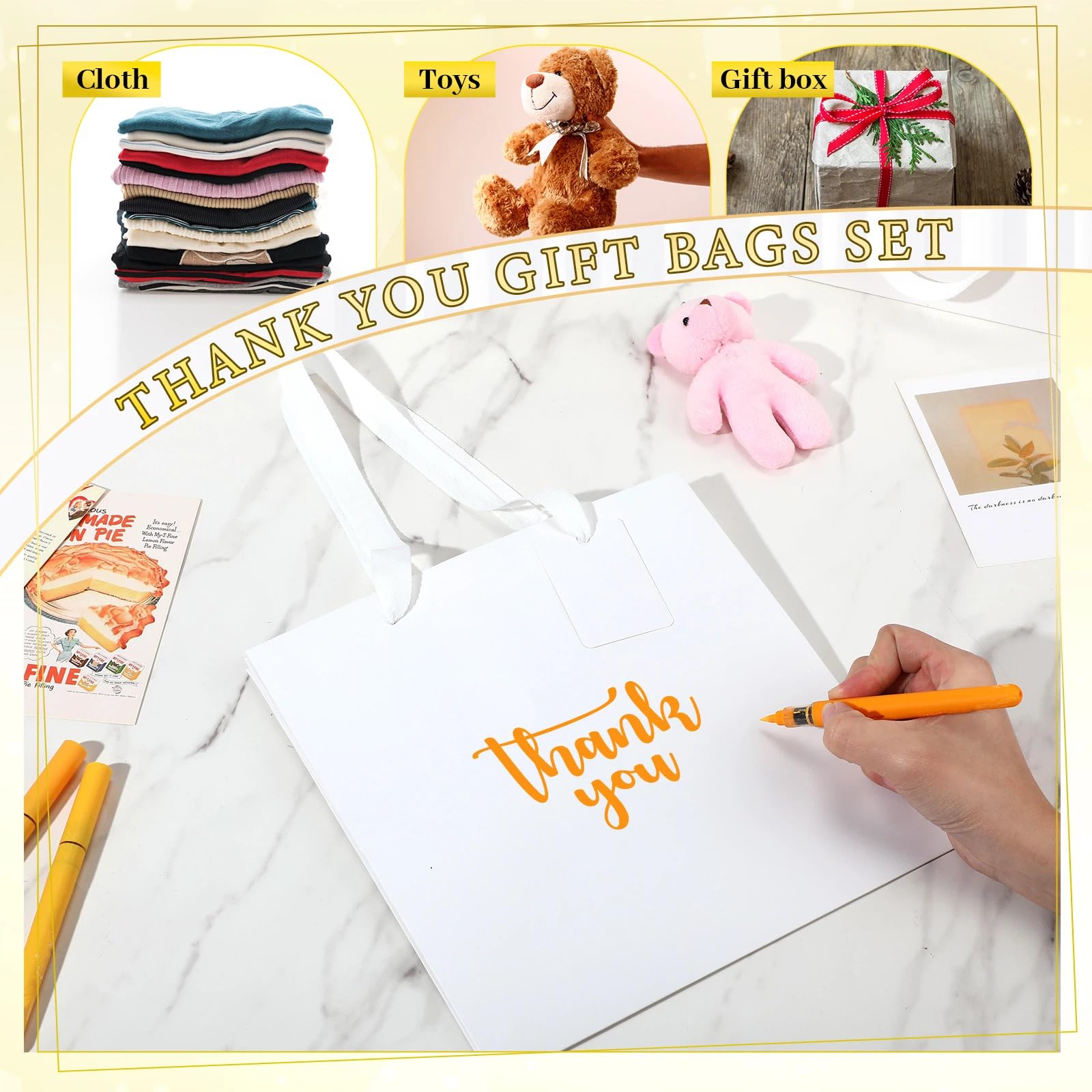 Windyun 50 bolsas de regalo de papel con asa, 25,4 x 25,4 x 25,4 cm, cuadradas, pequeñas, con etiqueta de agradecimiento para cumpleaños, boda, despedida de soltera, dama de honor, fiesta de